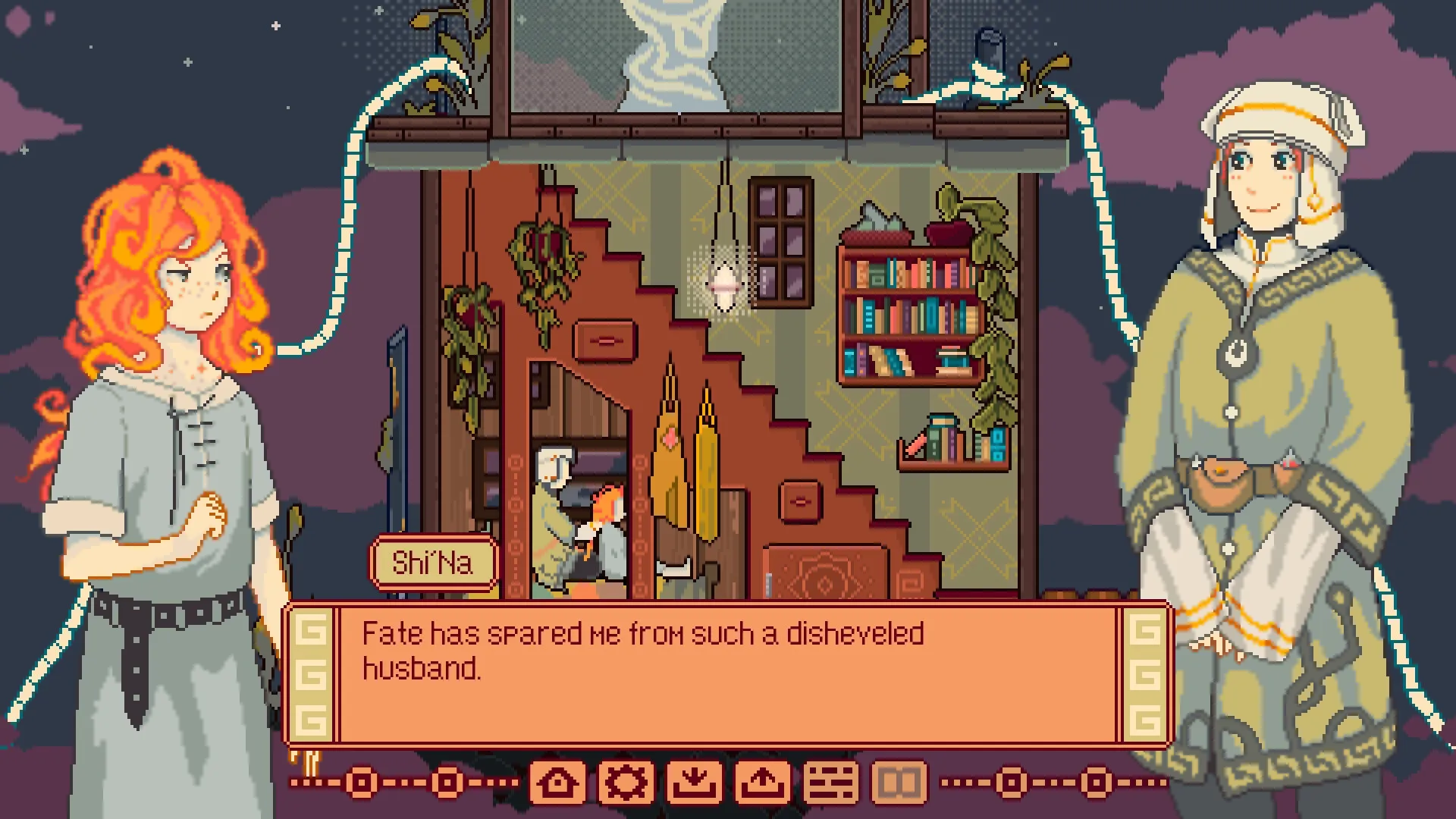 Shine On, My Little Sun: Shi'Na converses inside a cozy room with bookshelves, plants, and a staircase.
