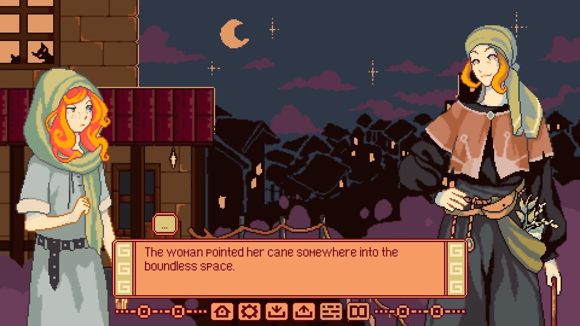 Shine On, My Little Sun: Two characters converse on a rooftop under a crescent moon in Svargo town.