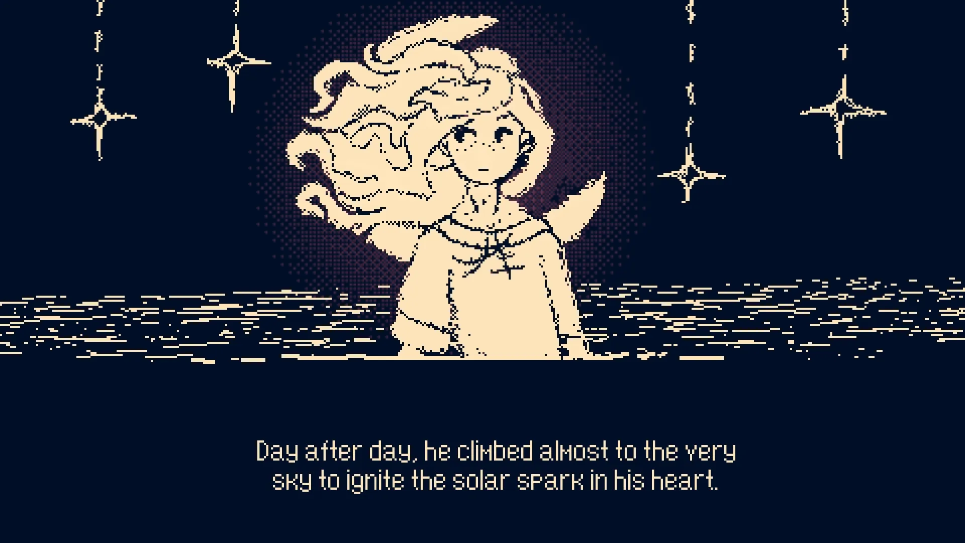 Shine On, My Little Sun: Child in flowing gown with radiant hair beneath starlit sky and text overlay.