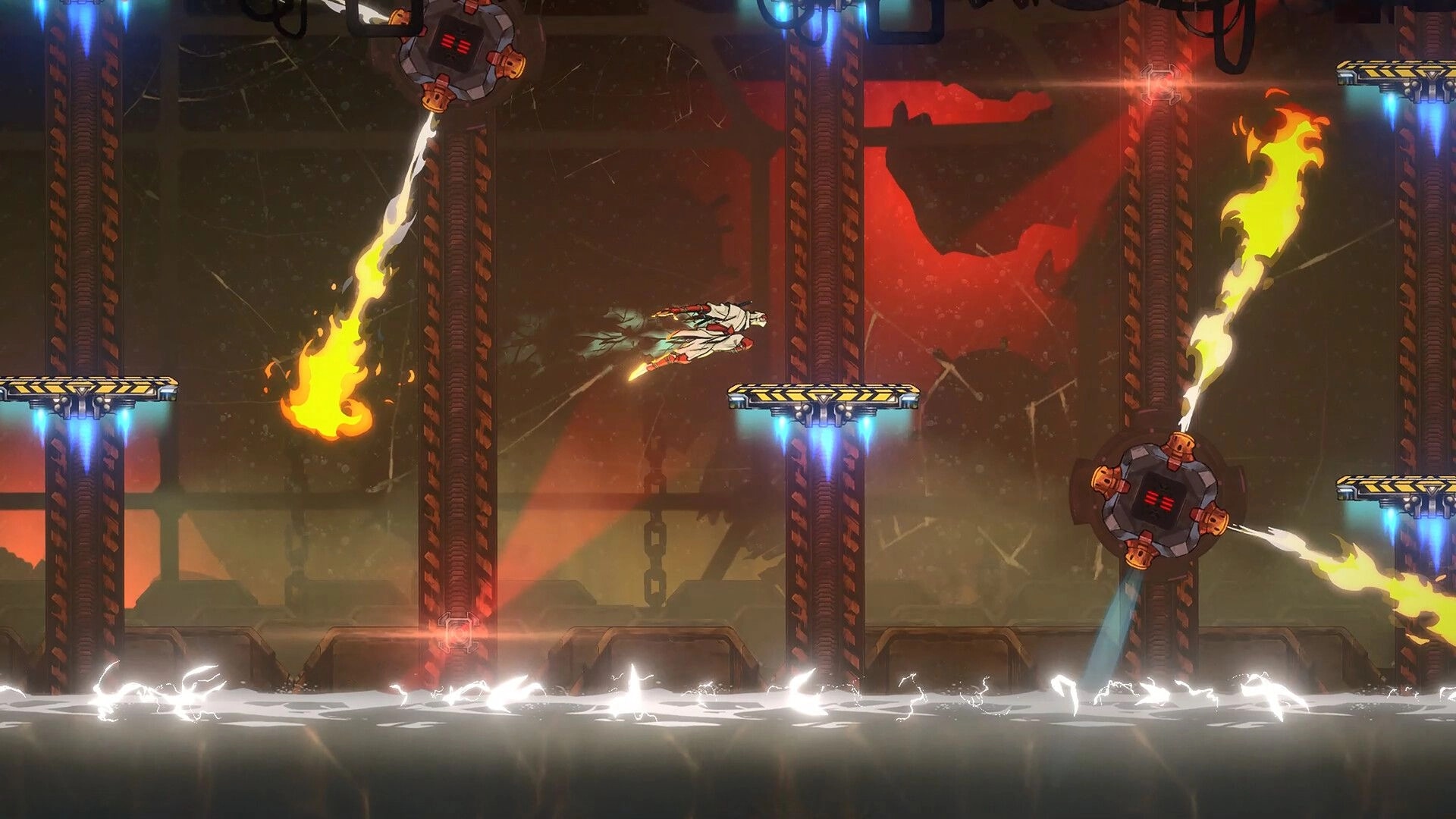 SHINOBI: Character leaps between platforms avoiding fiery obstacles in an industrial environment