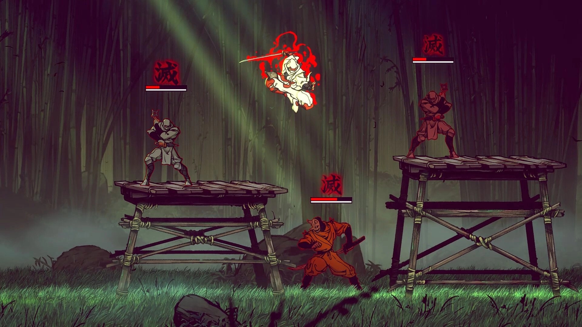 SHINOBI: Hero leaps in mid-air attack against enemies on platforms in dense bamboo forest setting