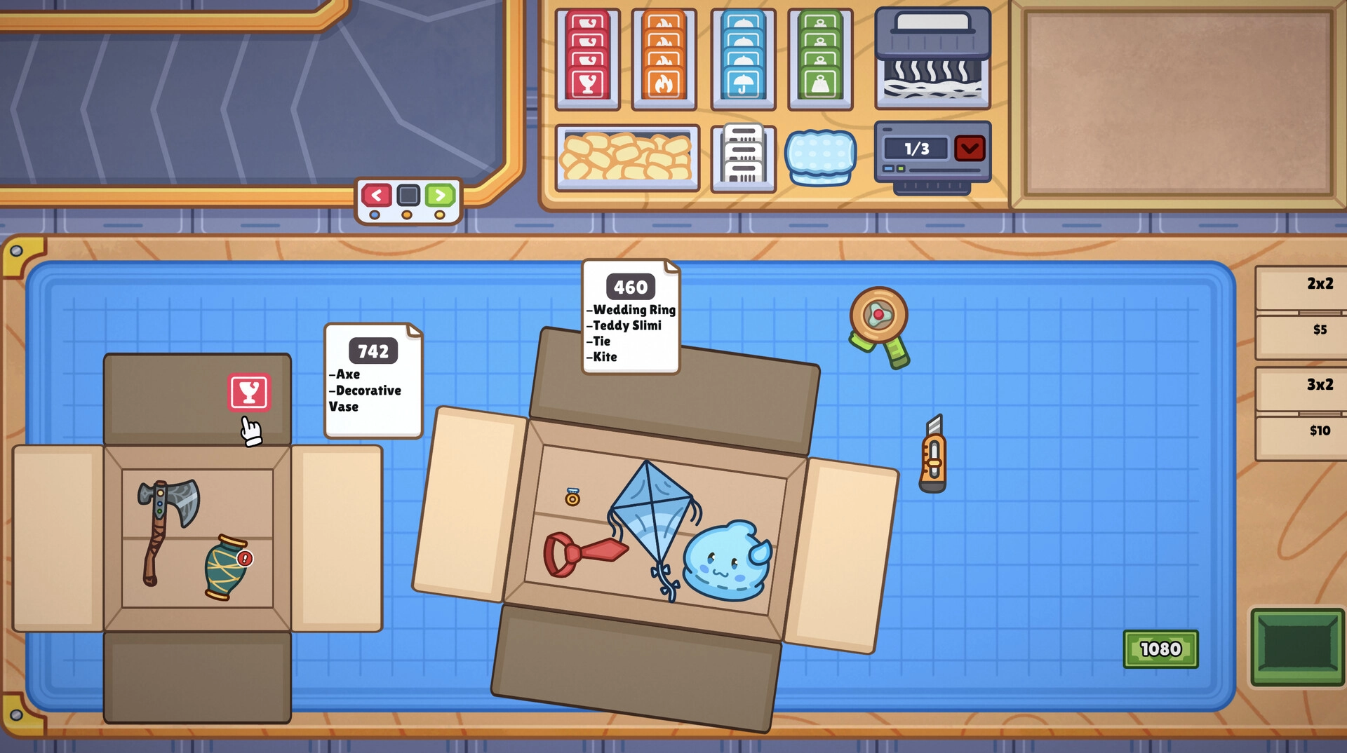Ship, Inc.: Packaging station with two open boxes, item lists, and various items like axe and tie on table