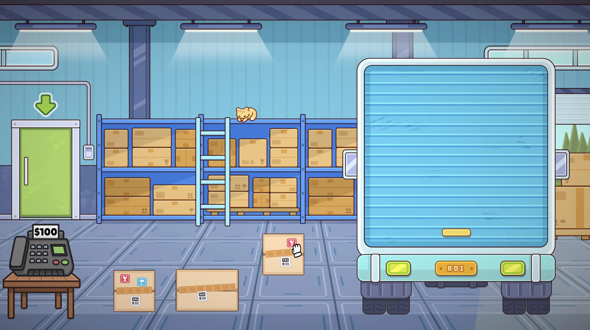 Ship, Inc.: Warehouse with shelves of boxes, a cat on top, packages on floor, and a truck ready to load
