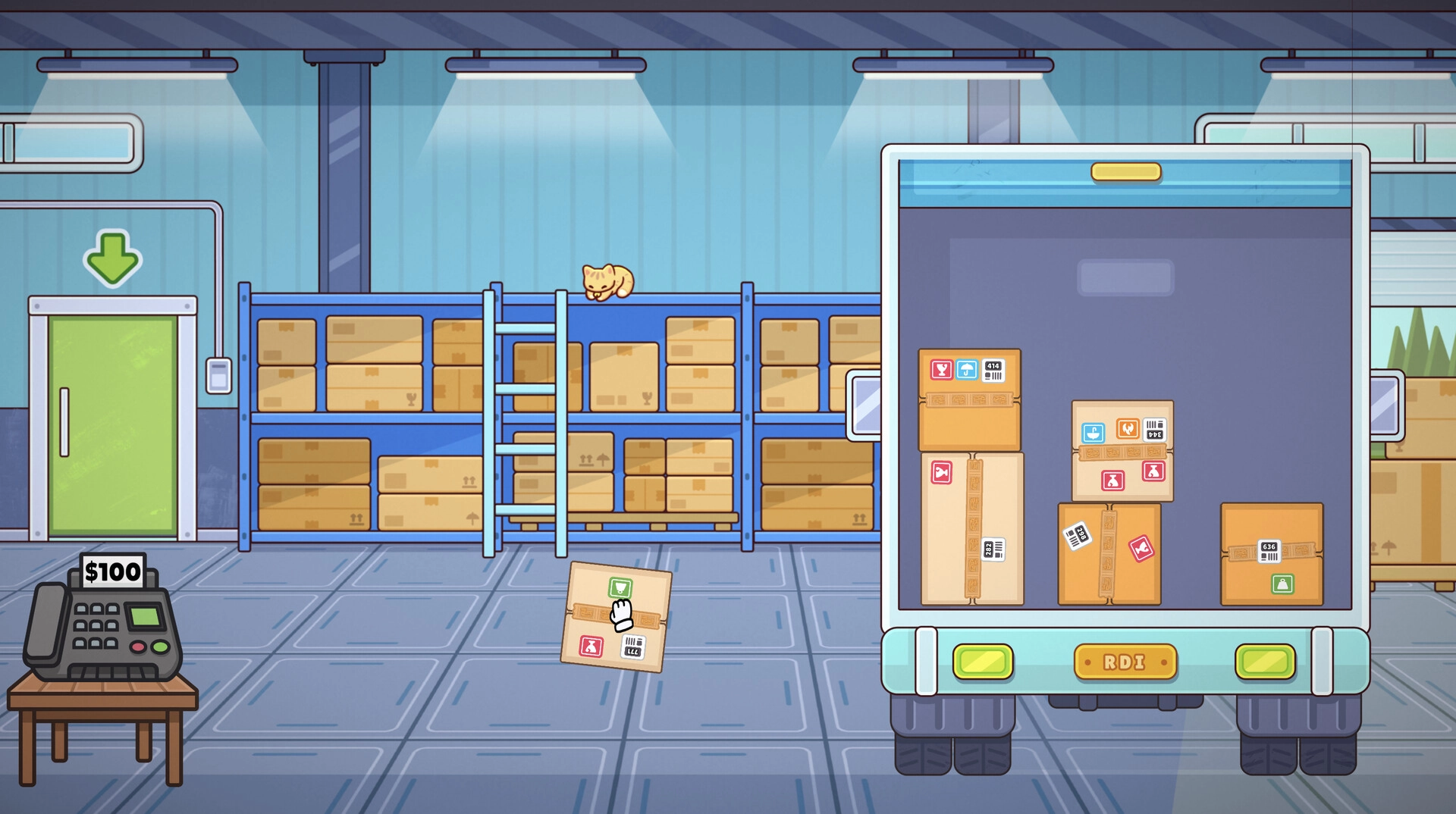 Ship, Inc.: Warehouse with boxes, a cat on shelves, and packages being loaded onto a delivery truck.