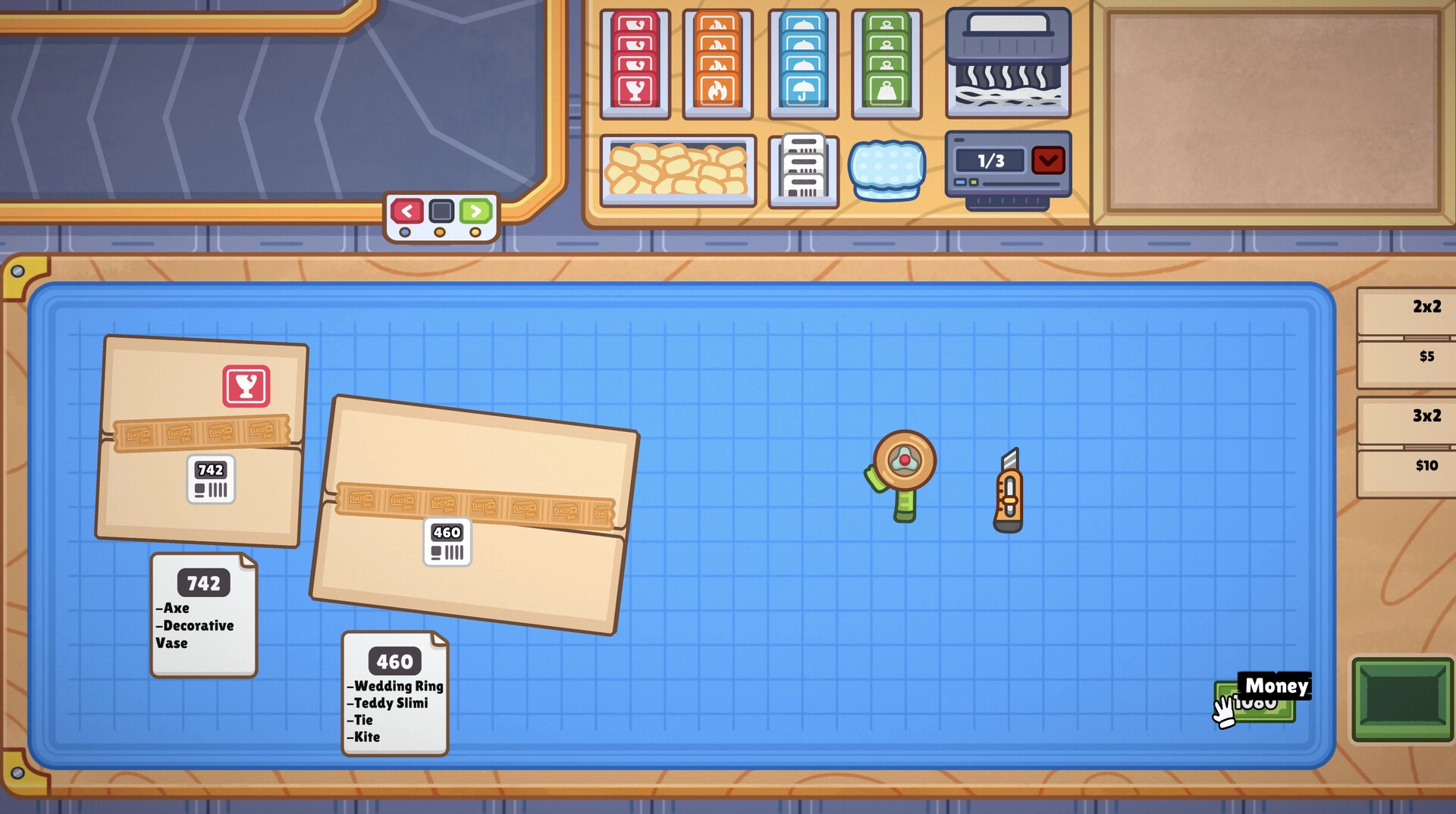 Ship, Inc.: Packaging station with two labeled parcels, packing tools, and item list on a blue grid table.
