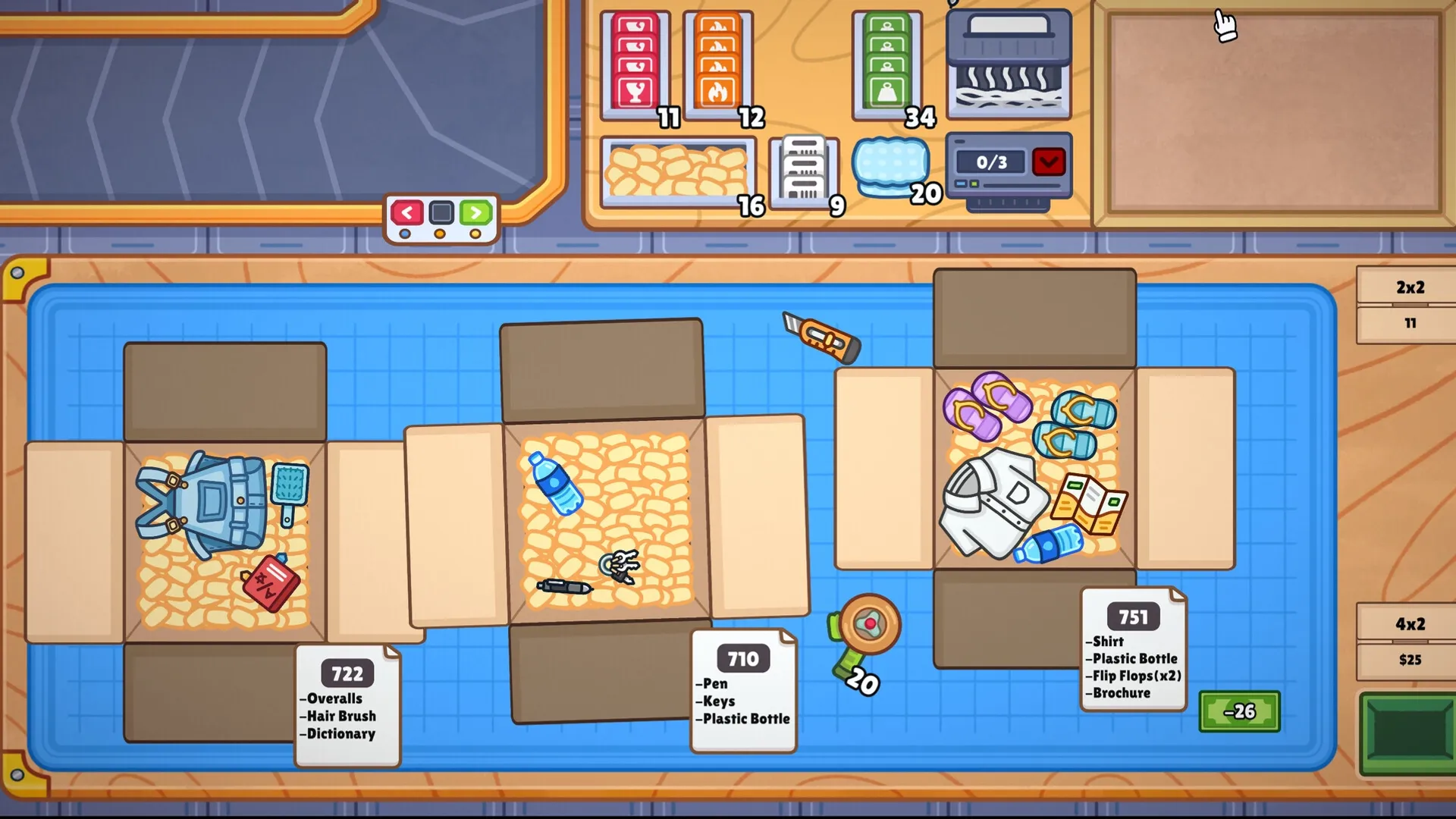 Ship, Inc.: Three open boxes with various items packed, including overalls and a plastic bottle on a table.