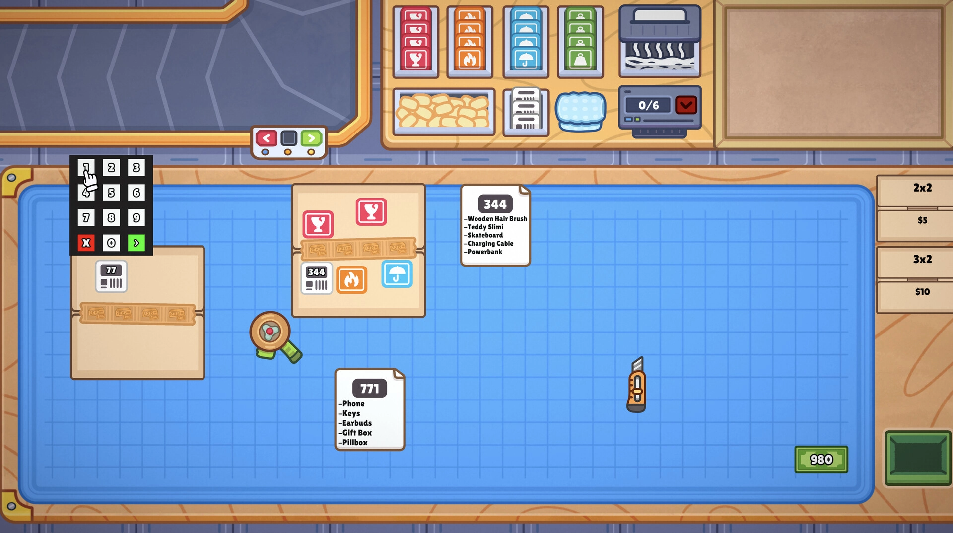 Ship, Inc.: Packaging orders on a blue workbench with item lists, boxes, and a utility knife nearby.
