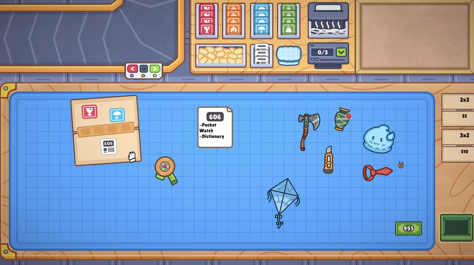 Ship, Inc.: Packaging station with parcel, shipping labels, and various items on a blue grid surface