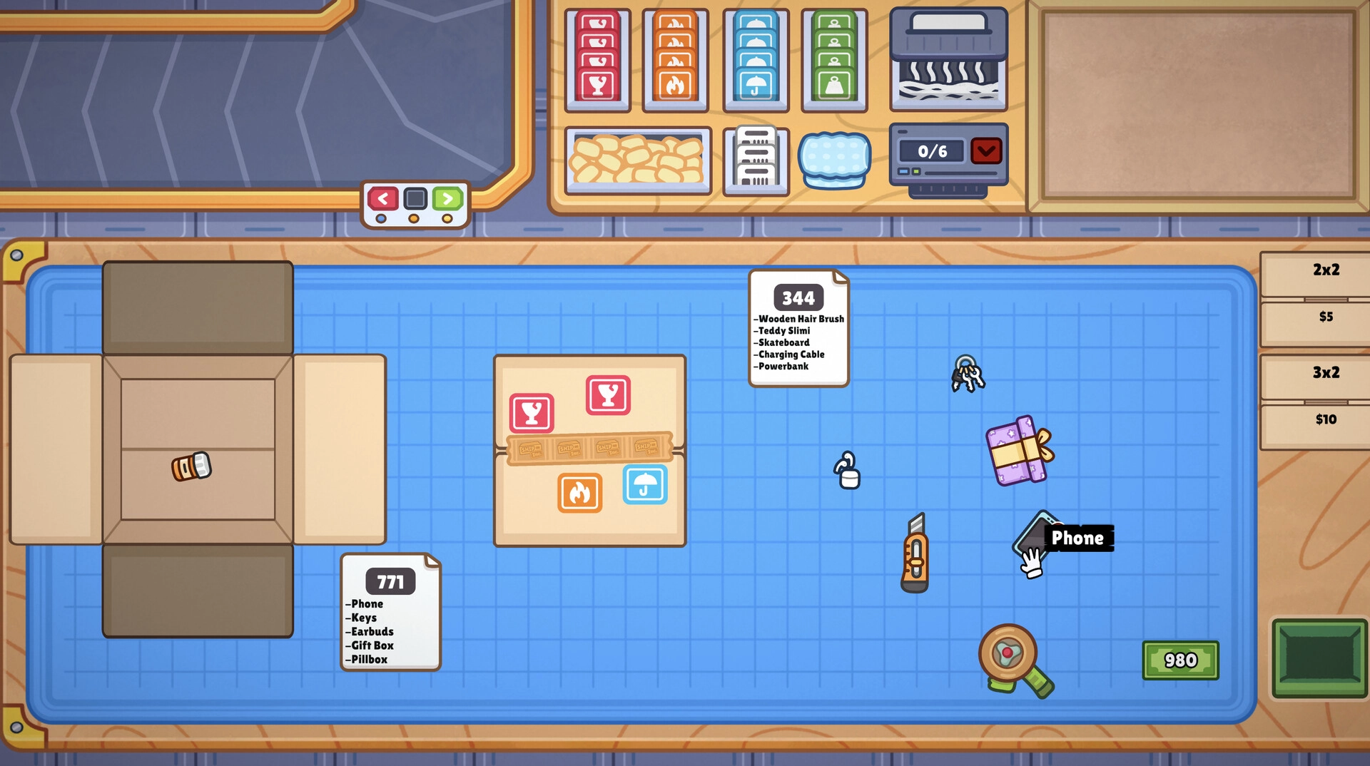 Ship, Inc.: Sorting parcels and selecting items in a colorful packaging workstation environment.