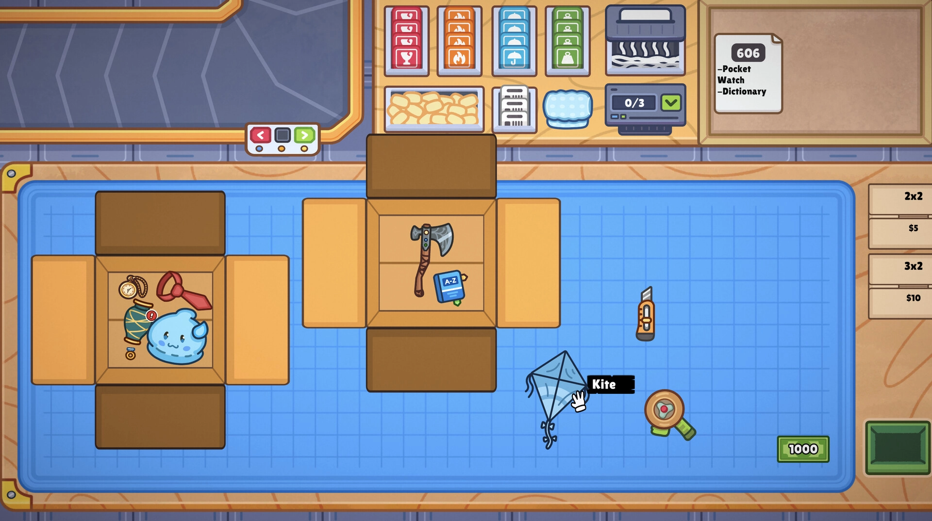 Ship, Inc.: Packaging items like kite and axe in boxes with order list and tools in warehouse setting