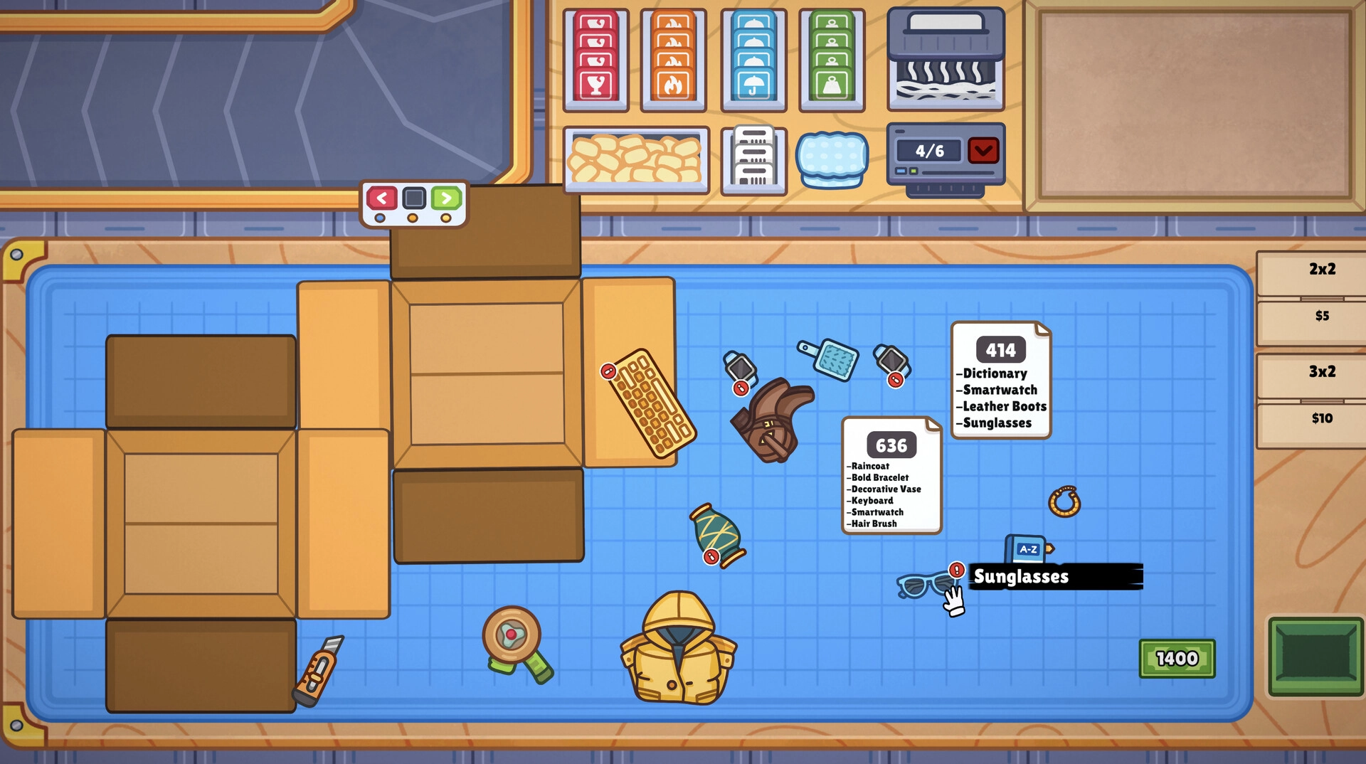 Ship, Inc.: Packing station with cardboard boxes, items to ship, and order lists on a blue work surface.