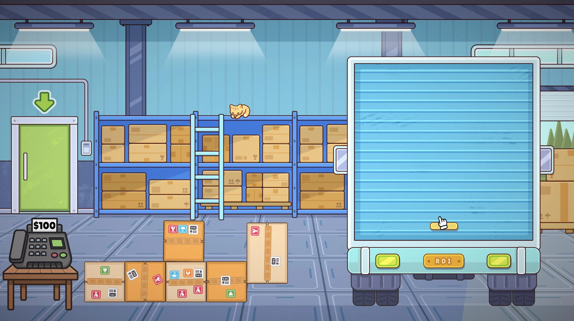 Ship, Inc.: Stacked boxes and a truck in a warehouse with a cash register and sleeping cat on shelves