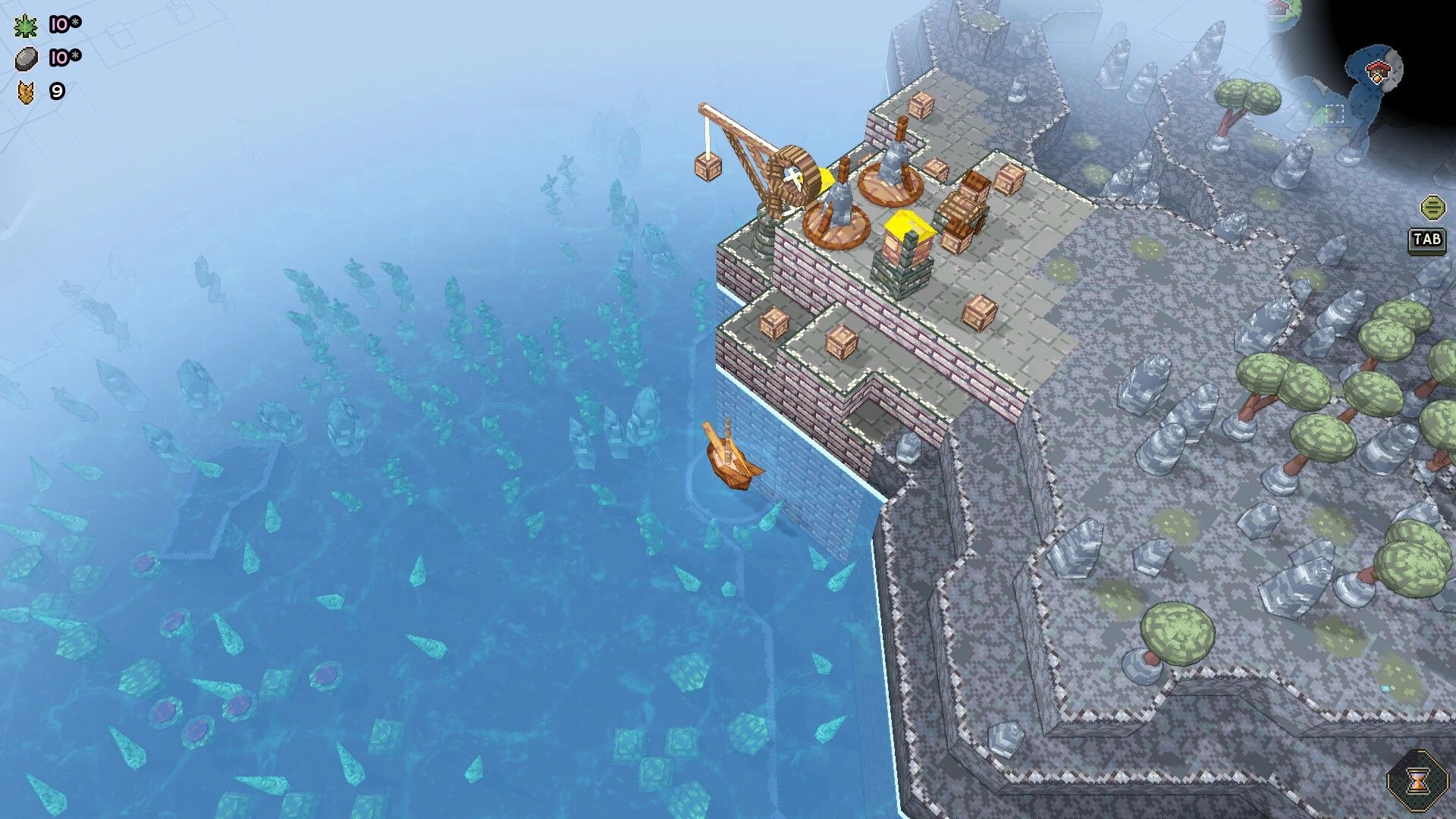 Shipolis: Crane and two windmills on cliff base with crates, ship docked by foggy sea edge.