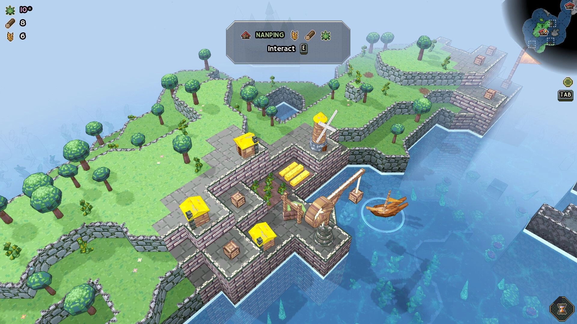 Shipolis: Interact prompt over Nanping, walled island docks with cranes, windmill, and ship at sea.