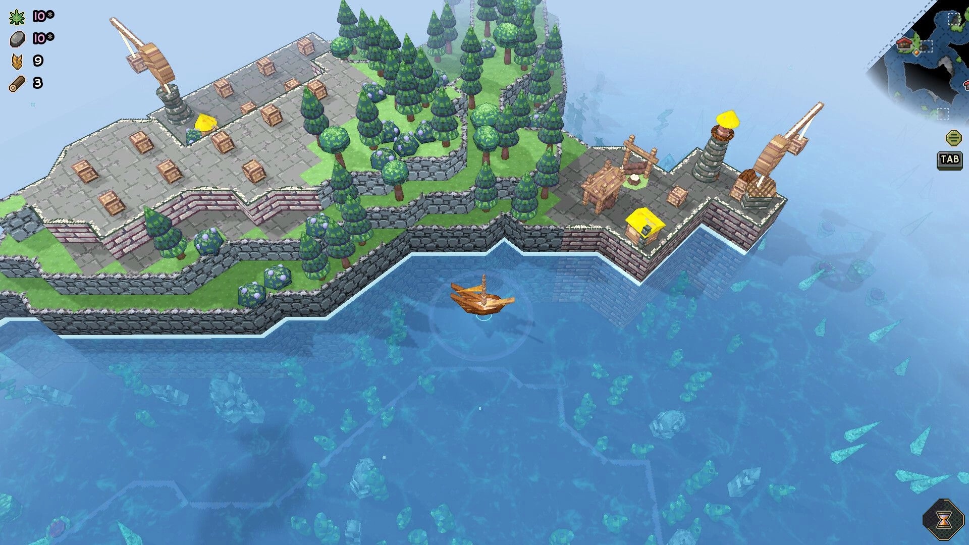 Shipolis: Small sailboat near a walled island with forests and cranes, resource UI and minimap visible.