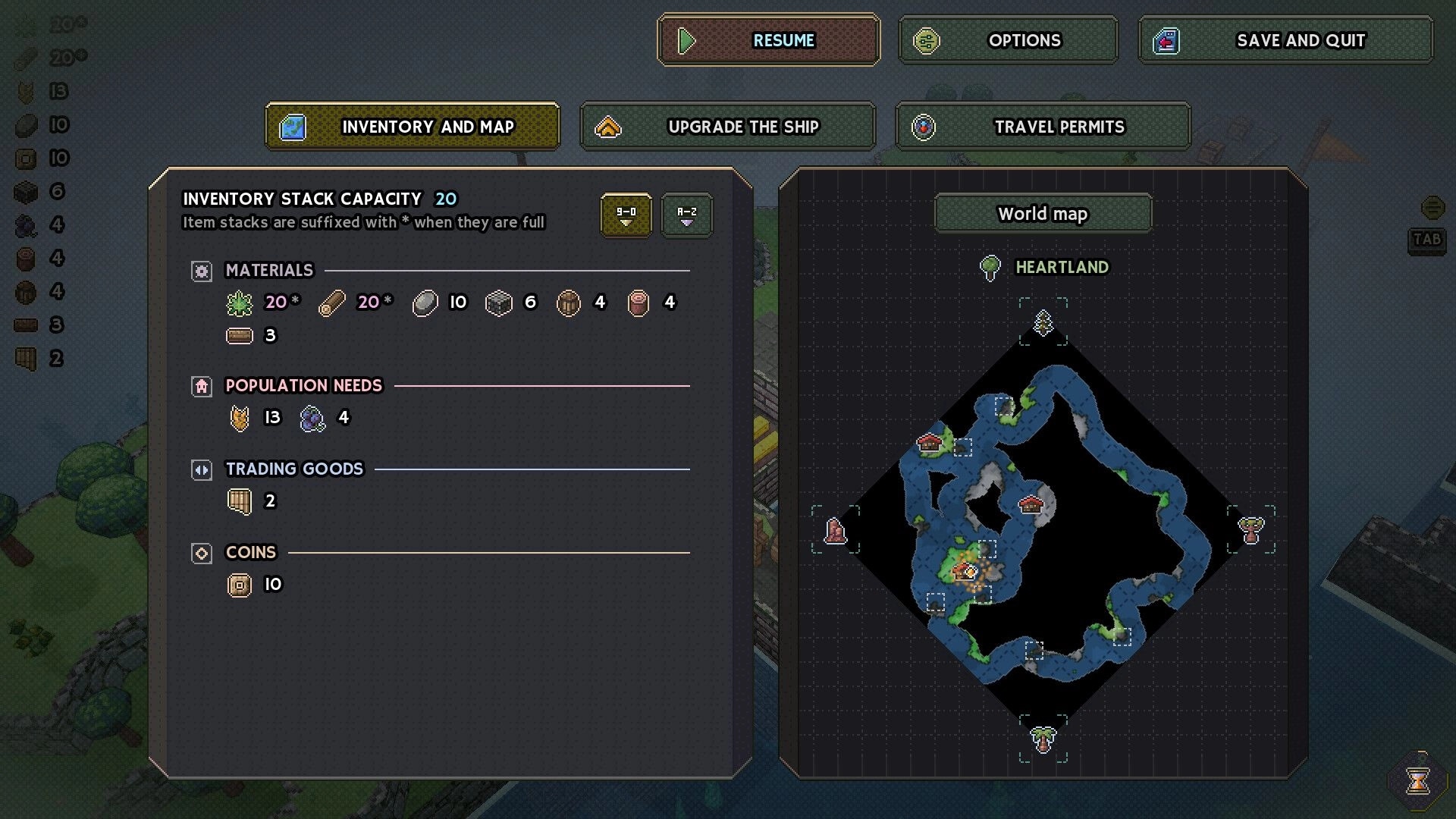 Shipolis: Inventory and map menu open with materials list and Heartland world map on grid background.