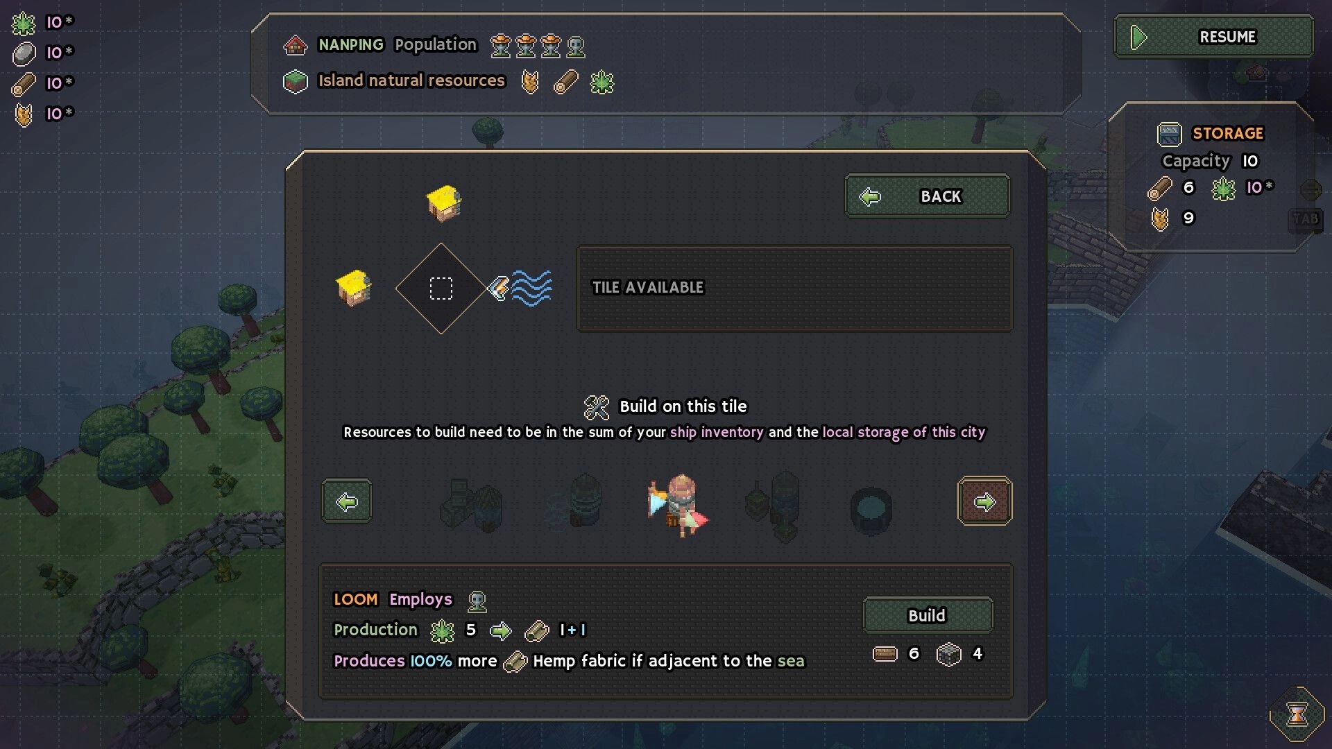 Shipolis: Build menu for a Loom on an available tile with storage stats over island coastline map.