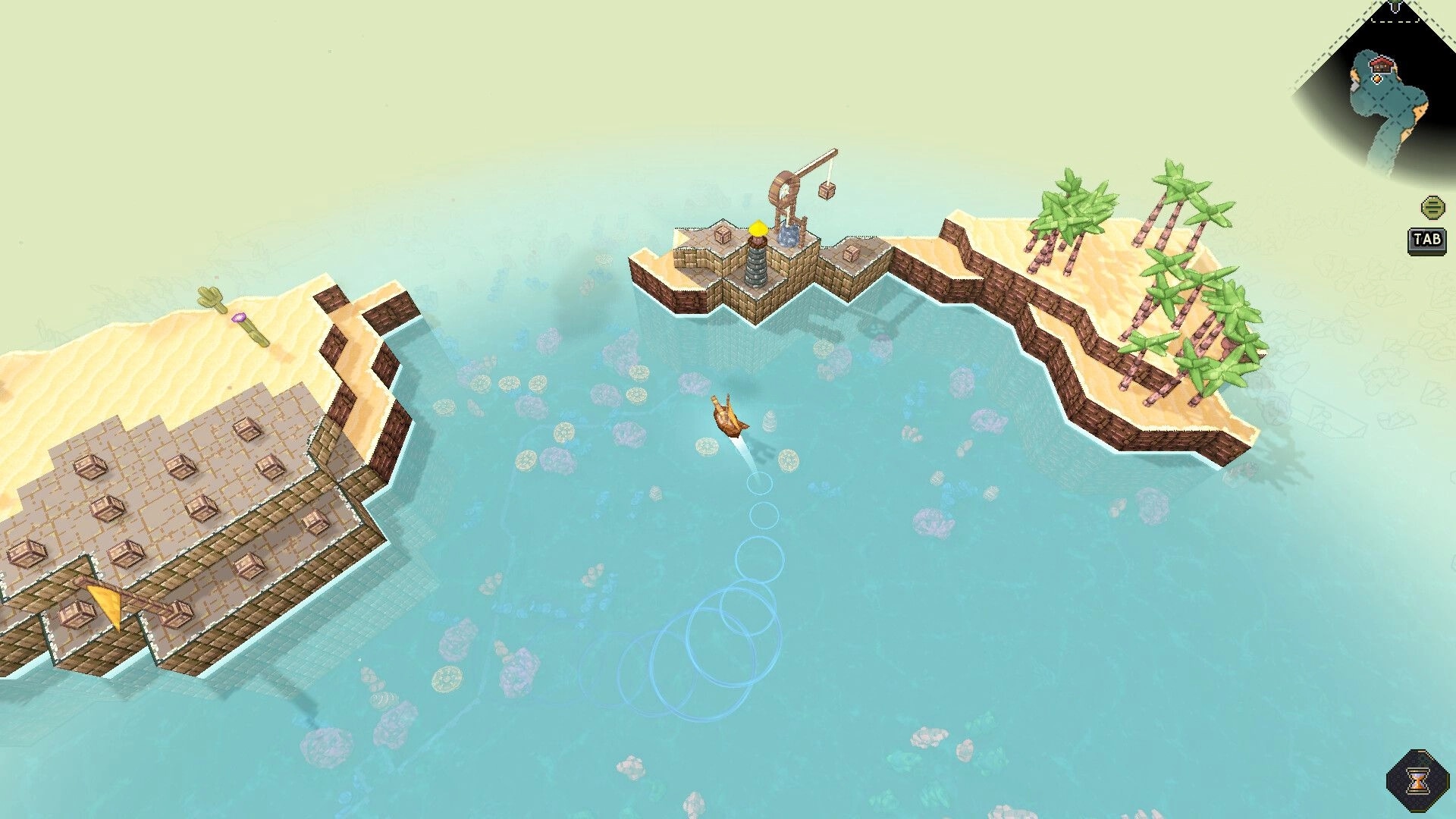 Shipolis: Small boat sailing between sandy islands with crane dock, palms, and minimap UI.