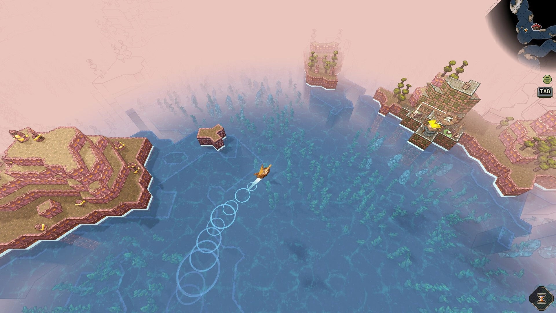 Shipolis: Small sailboat leaving a ringed wake between rocky islands over blue, foggy sea map UI.