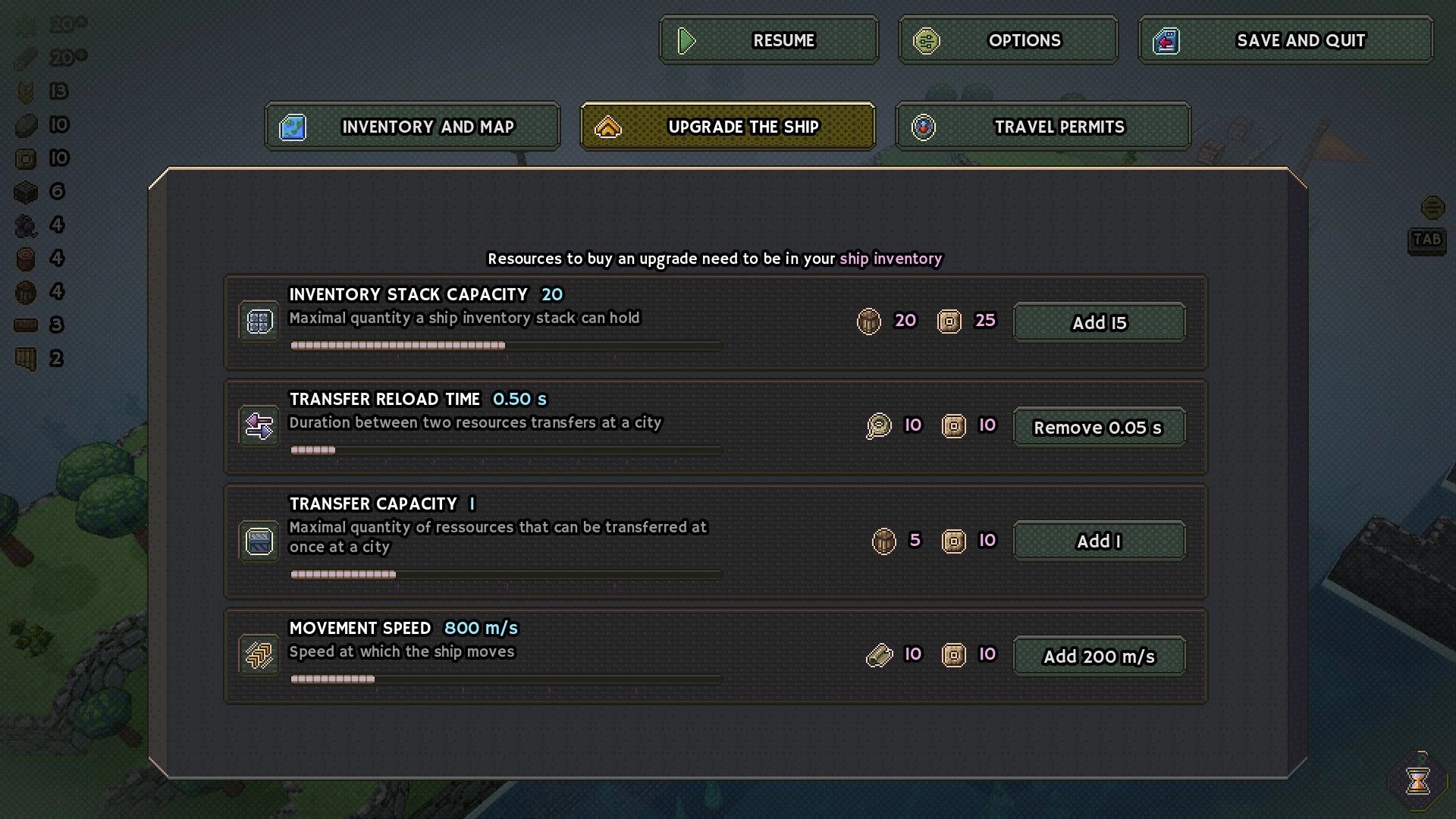 Shipolis: Upgrade the Ship menu adjusting inventory and transfer stats over a blurred island map backdrop.