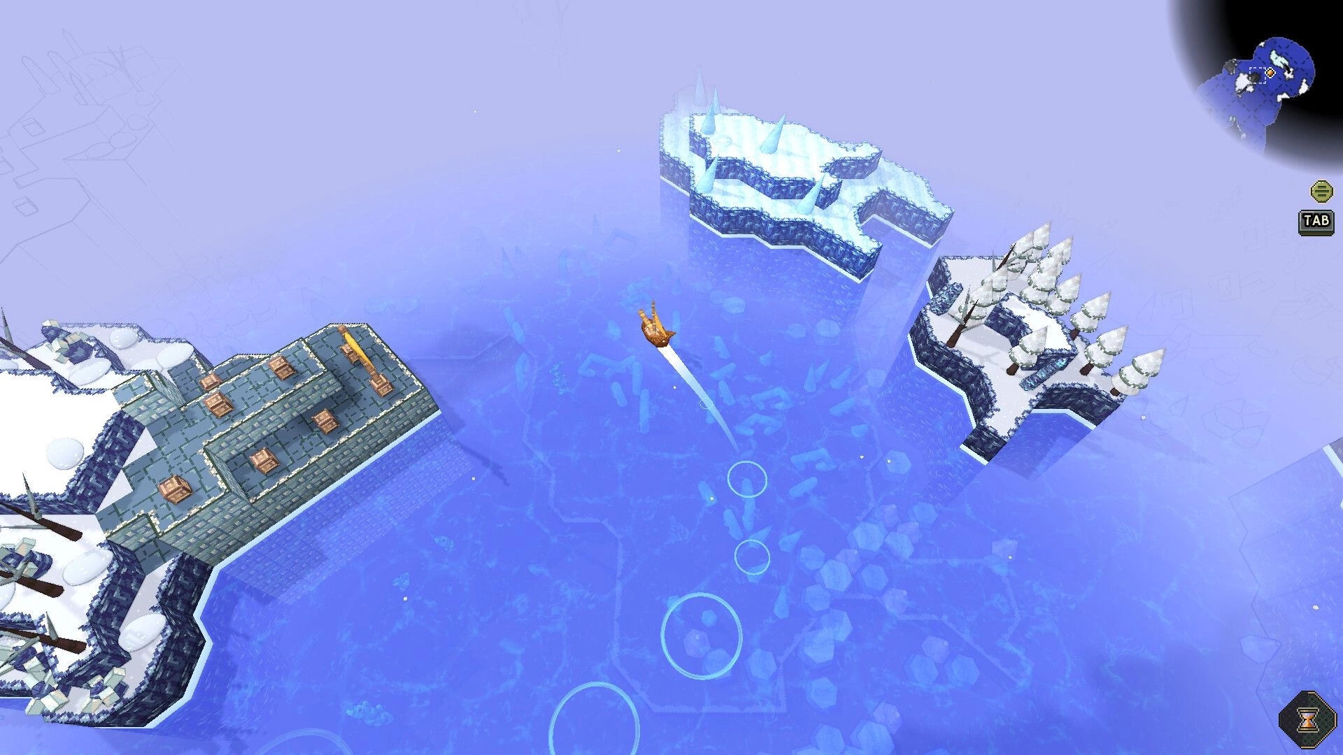 Shipolis: Small ship sailing between icy islands with dock ruins and snow trees, minimap UI visible.