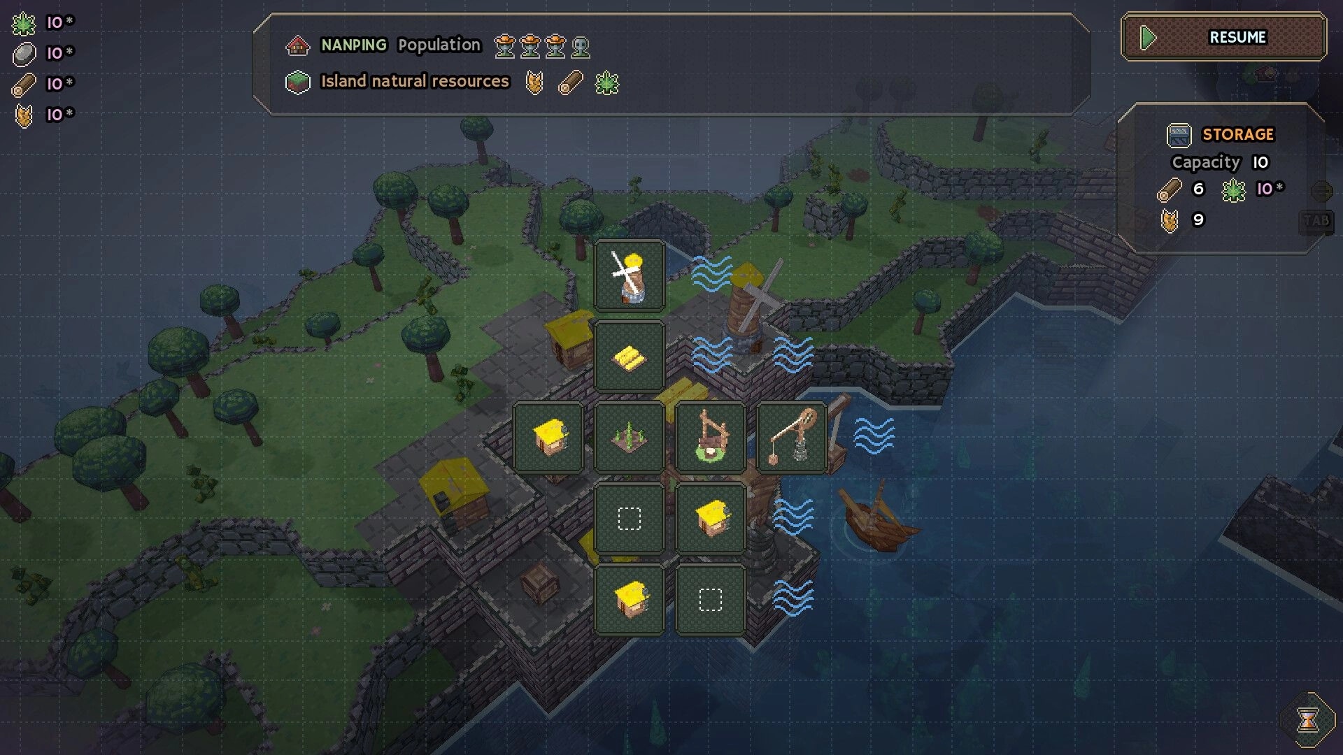 Shipolis: Building placement grid near a windmill and docks on a walled island with storage UI open.
