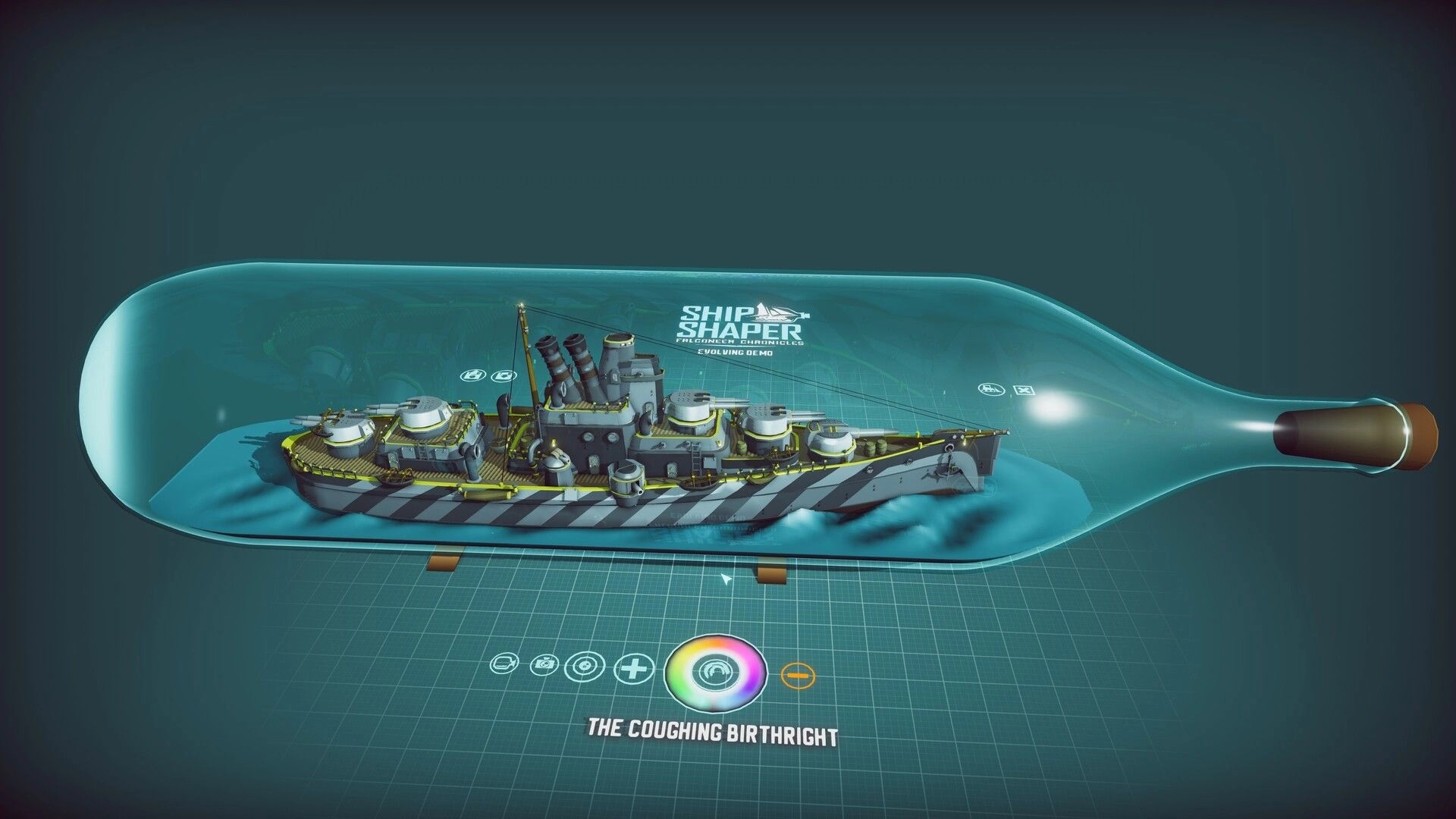 ShipShaper: Warship model displayed in a glass bottle diorama with grid workspace and color wheel UI.