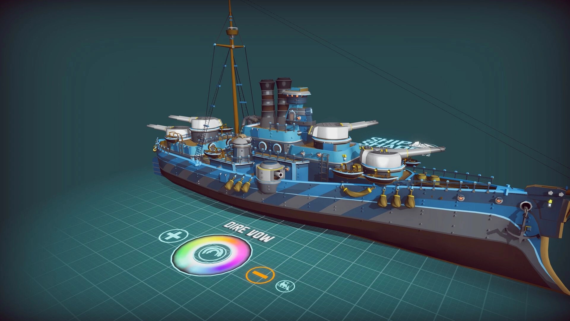 ShipShaper: Blue battleship model with turrets and smokestacks on 3D grid editor with color wheel UI.