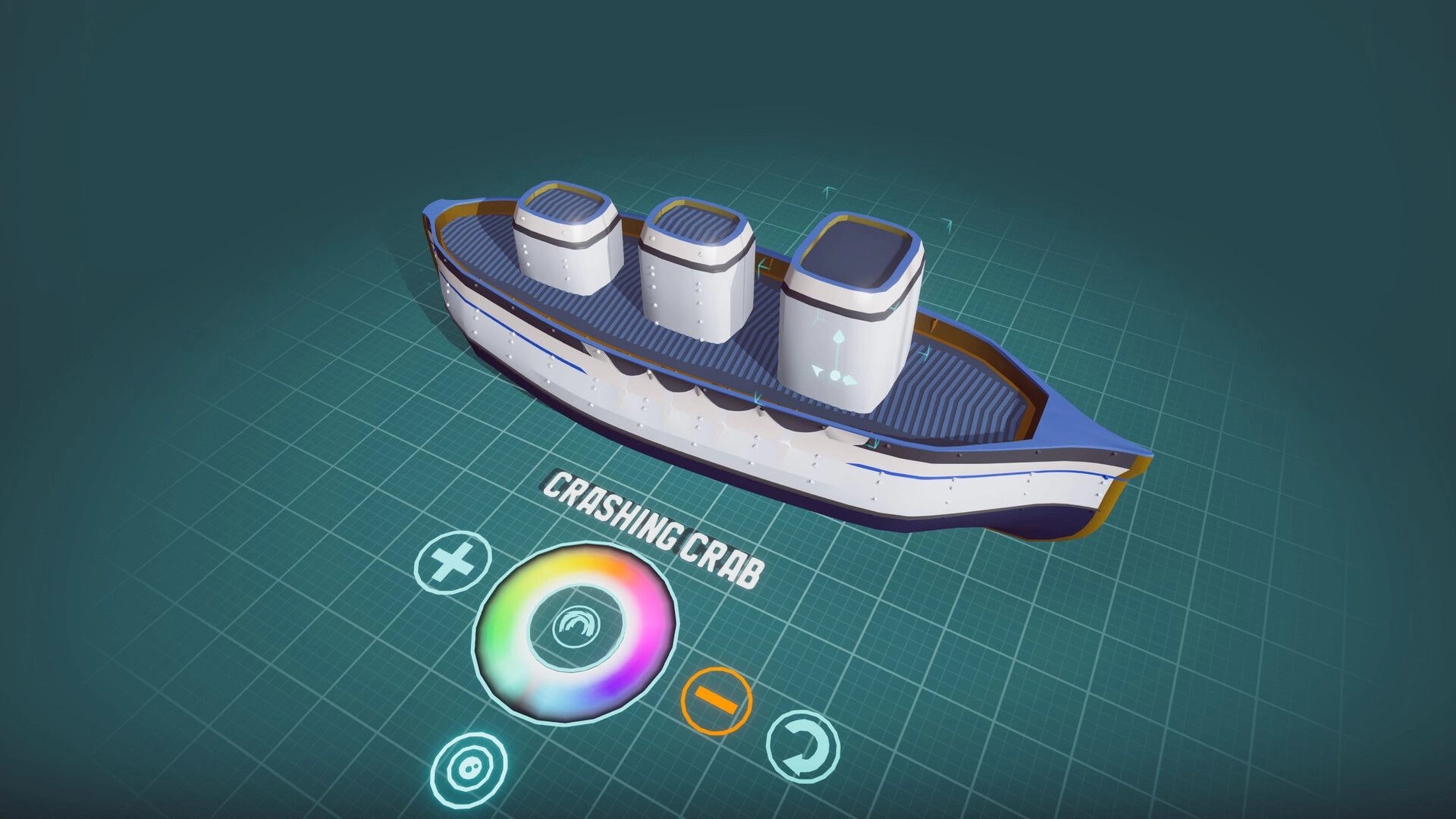 ShipShaper: Editing a passenger ship model with color wheel and tools on a blue grid workspace.