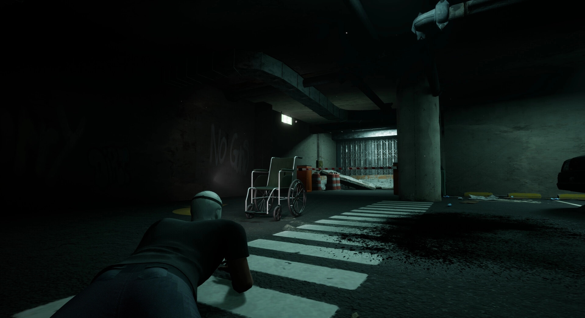 SHOCK: Crawling player approaches abandoned wheelchair in dark underground parking garage