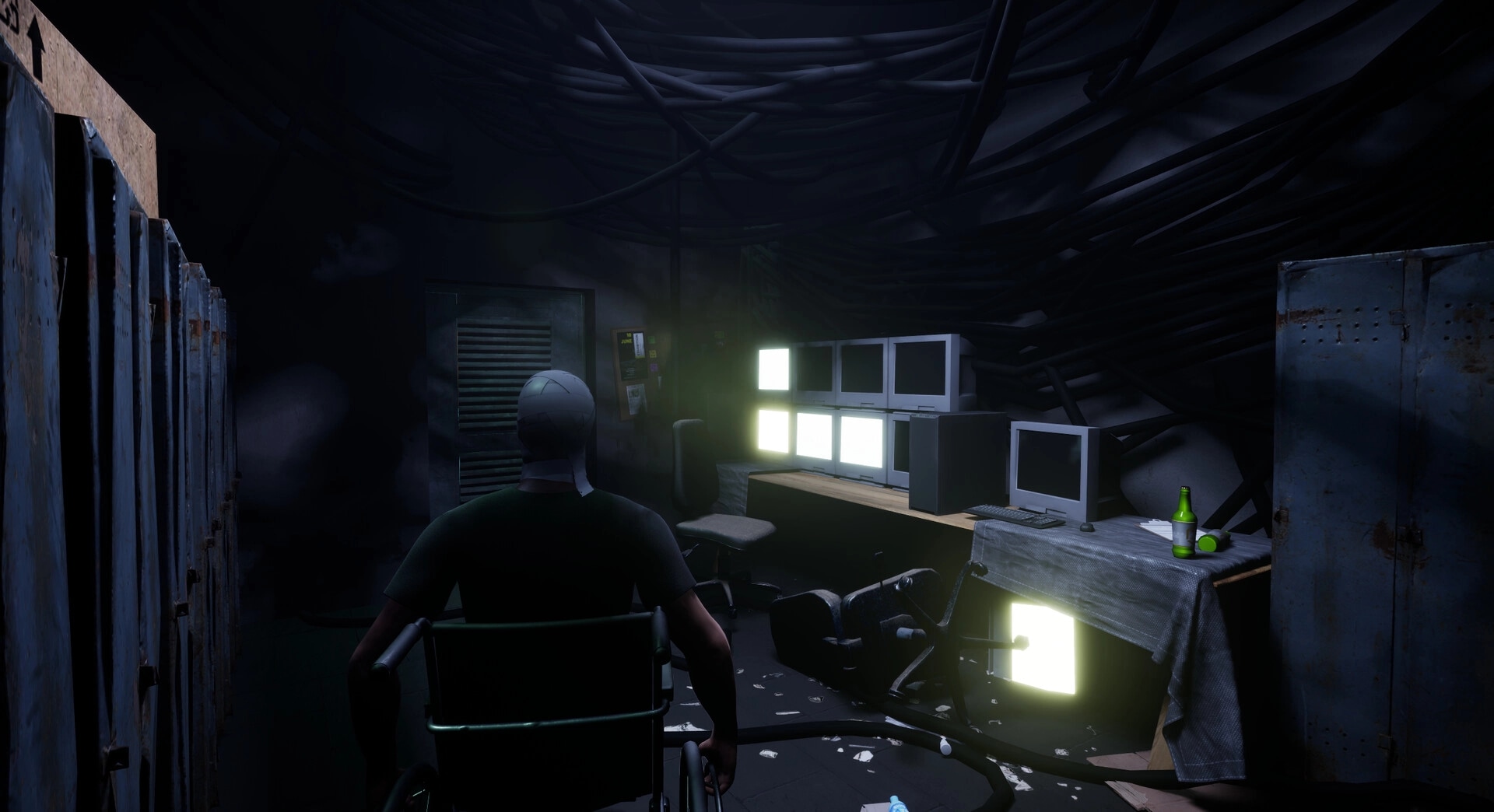 SHOCK: Veteran in wheelchair observing dimly lit control room with multiple glowing screens
