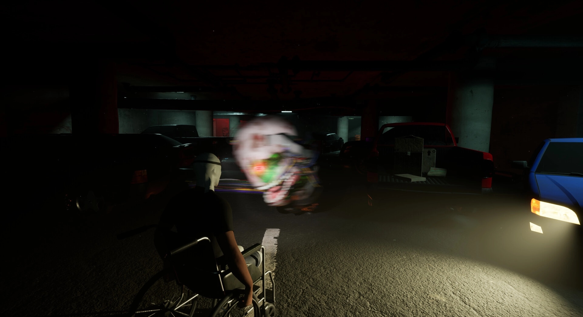 SHOCK: Veteran in wheelchair faces charging cybernetic creature in dimly lit parking garage.