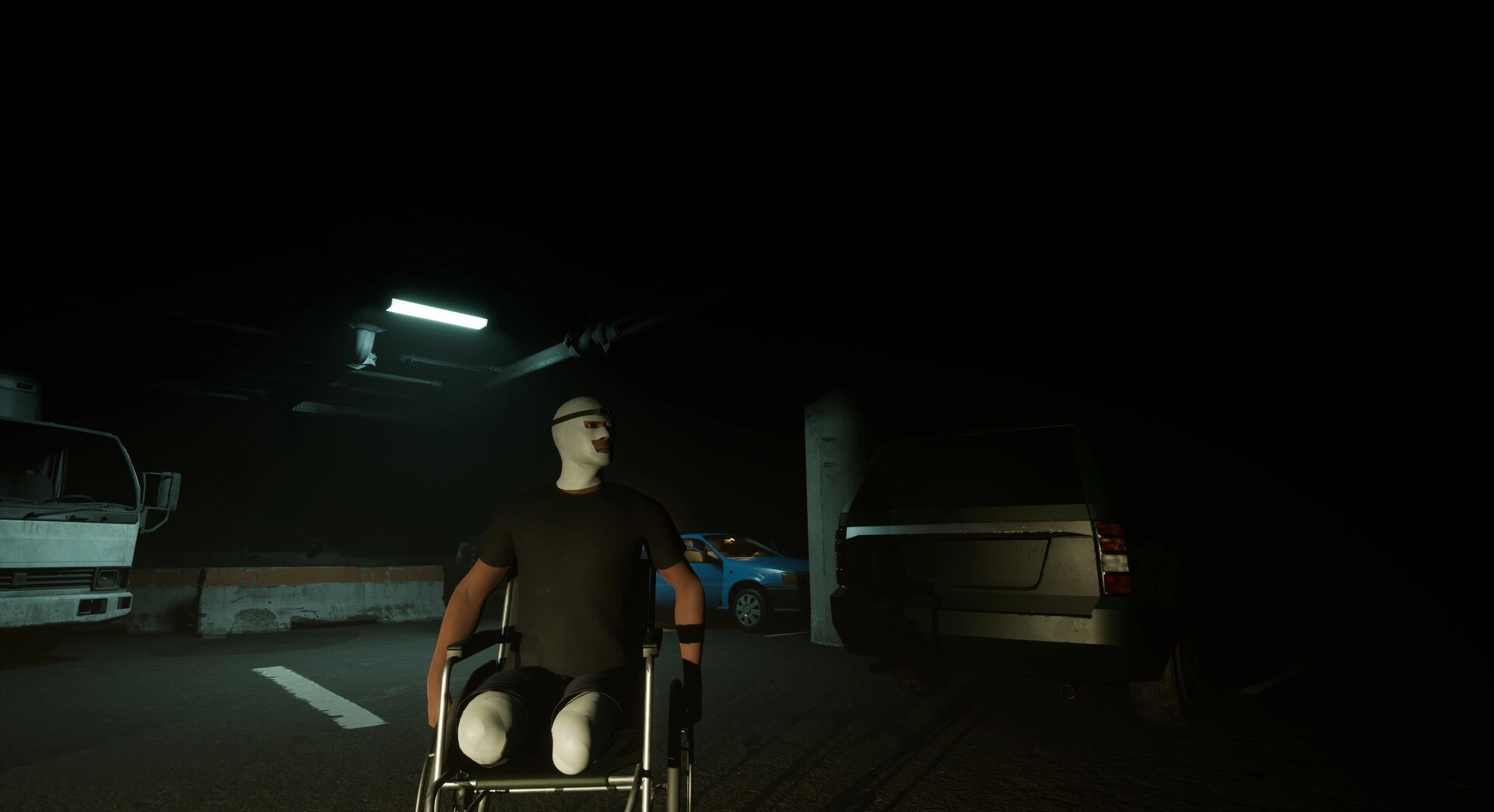 SHOCK: Disabled veteran in wheelchair navigates dark parking garage surrounded by abandoned vehicles.