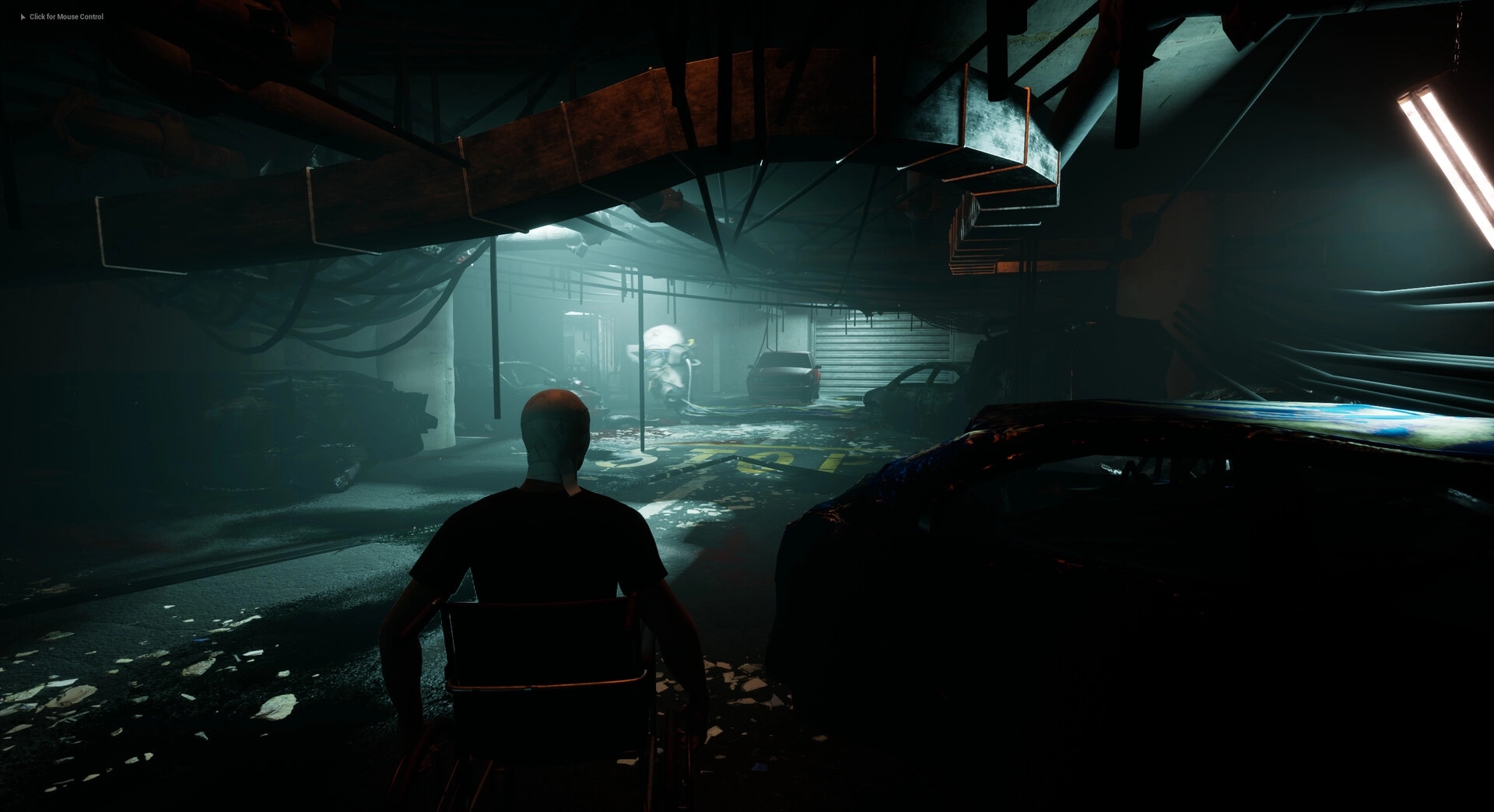 SHOCK: Veteran in wheelchair advances through dimly lit garage, cybernetic creature in the distance