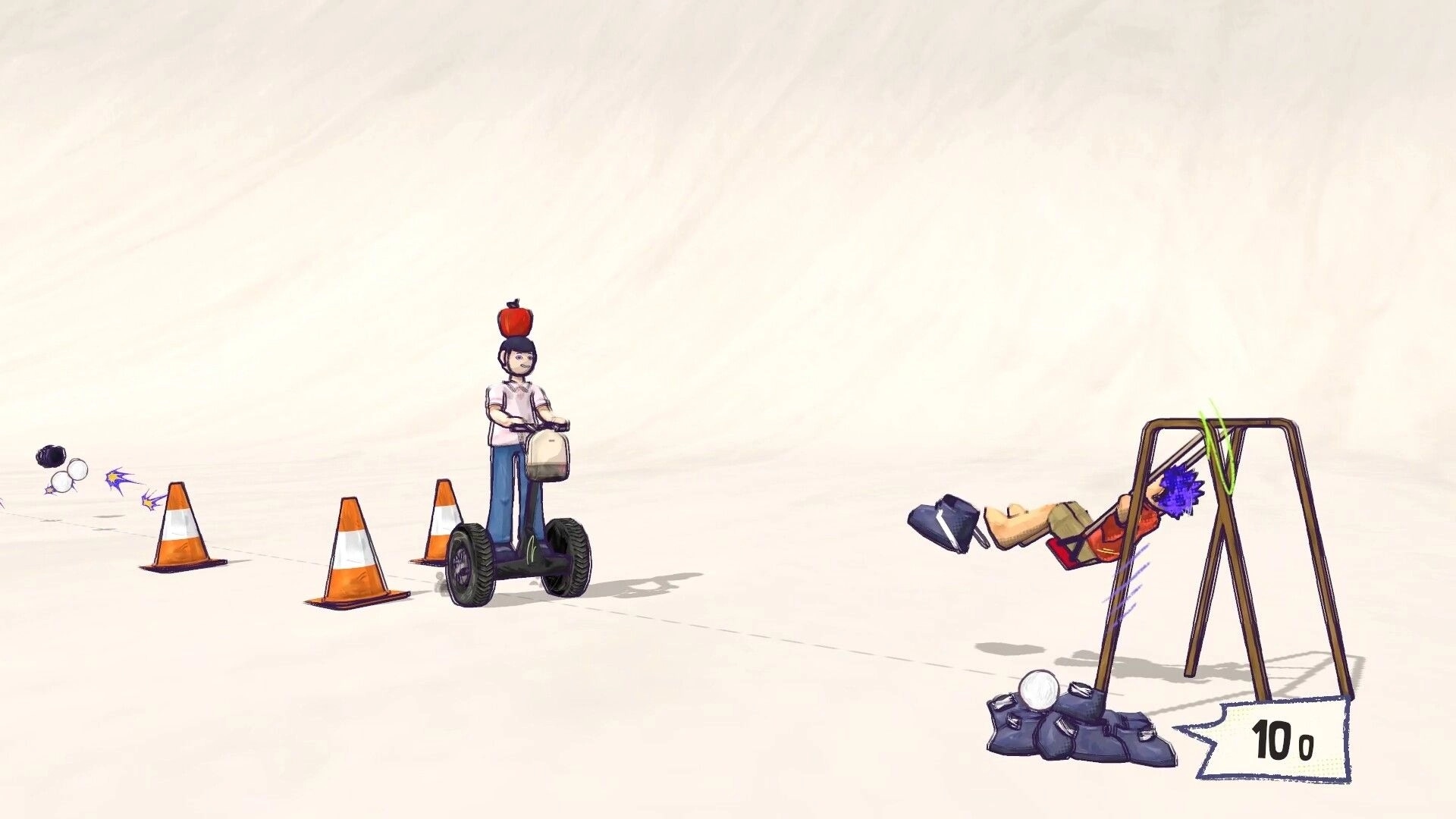 Shoe it All!: Character on segway with apple on head, cones nearby, and another on swing in a sandy area.