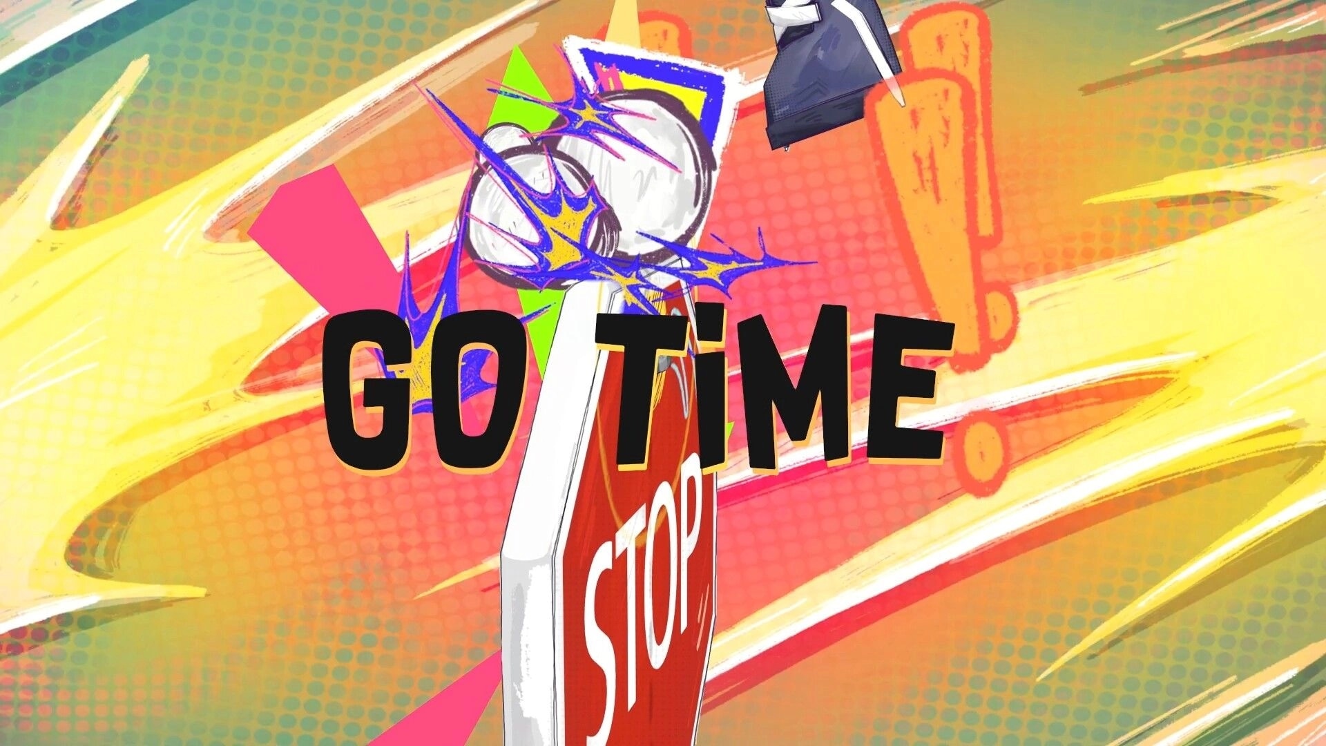 Shoe it All!: Shoe mid-fling hits stop sign with "GO TIME" text in colorful comic-style explosion.