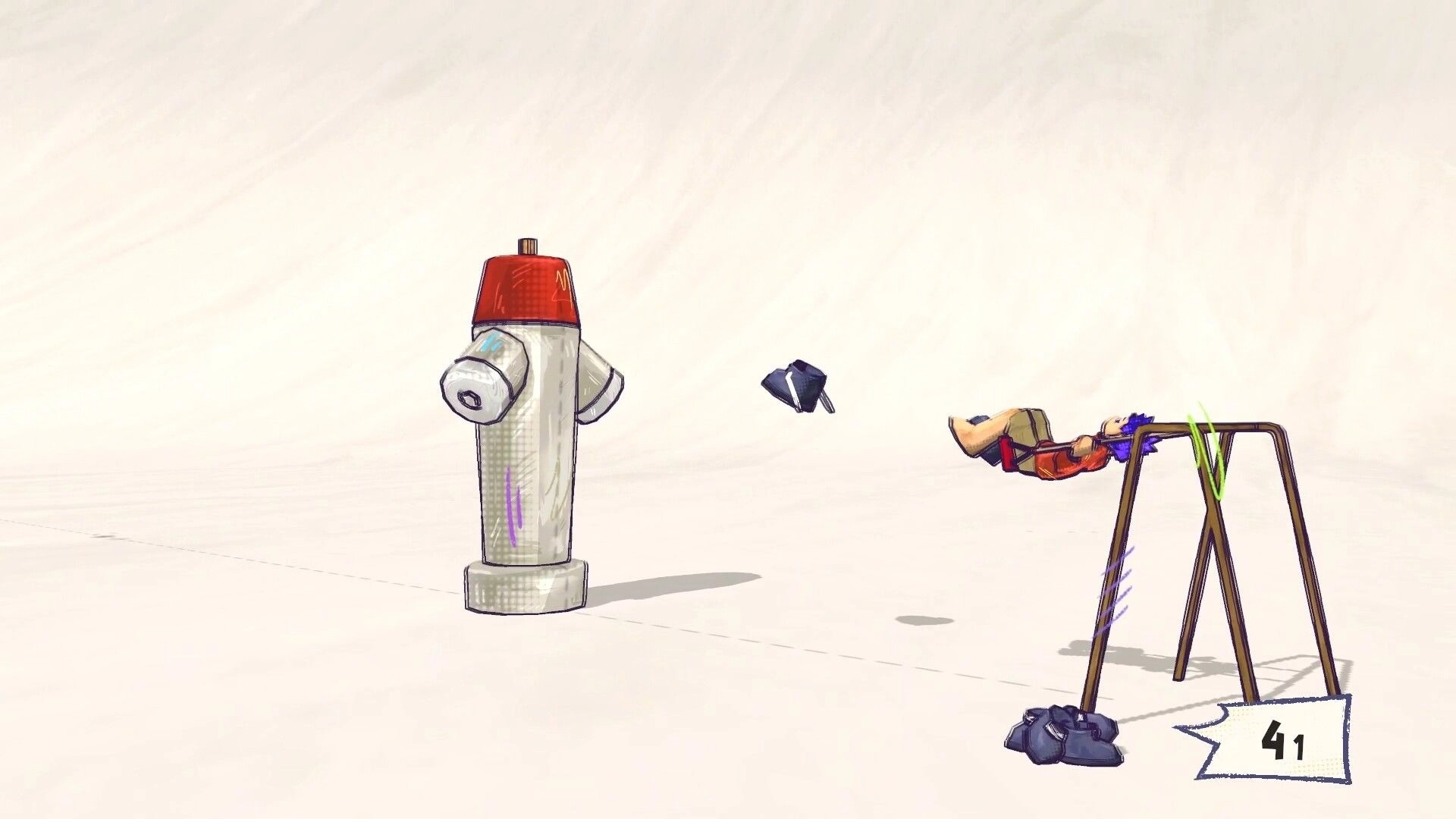Shoe it All!: Character swings on a playground swing aiming shoes at a fire hydrant in a sandy area.