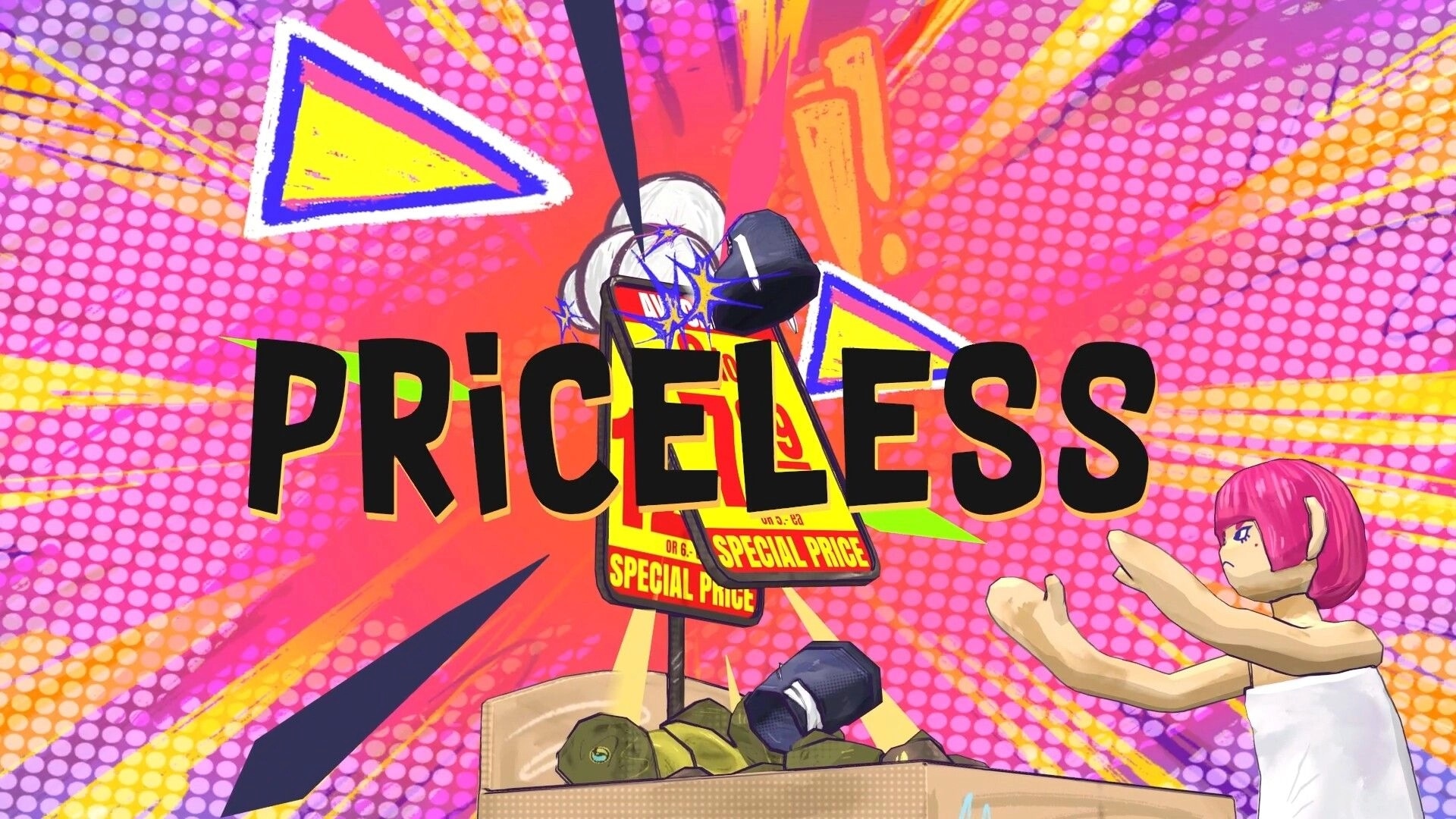 Shoe it All!: Character throws shoes at a "Priceless" sign with vibrant comic-style background.