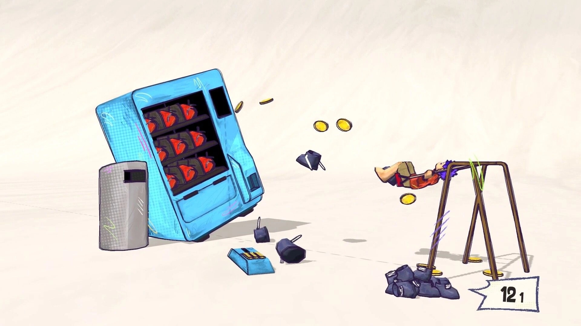 Shoe it All!: Character swings on a metal frame flinging shoes at a toppled vending machine in a desert.