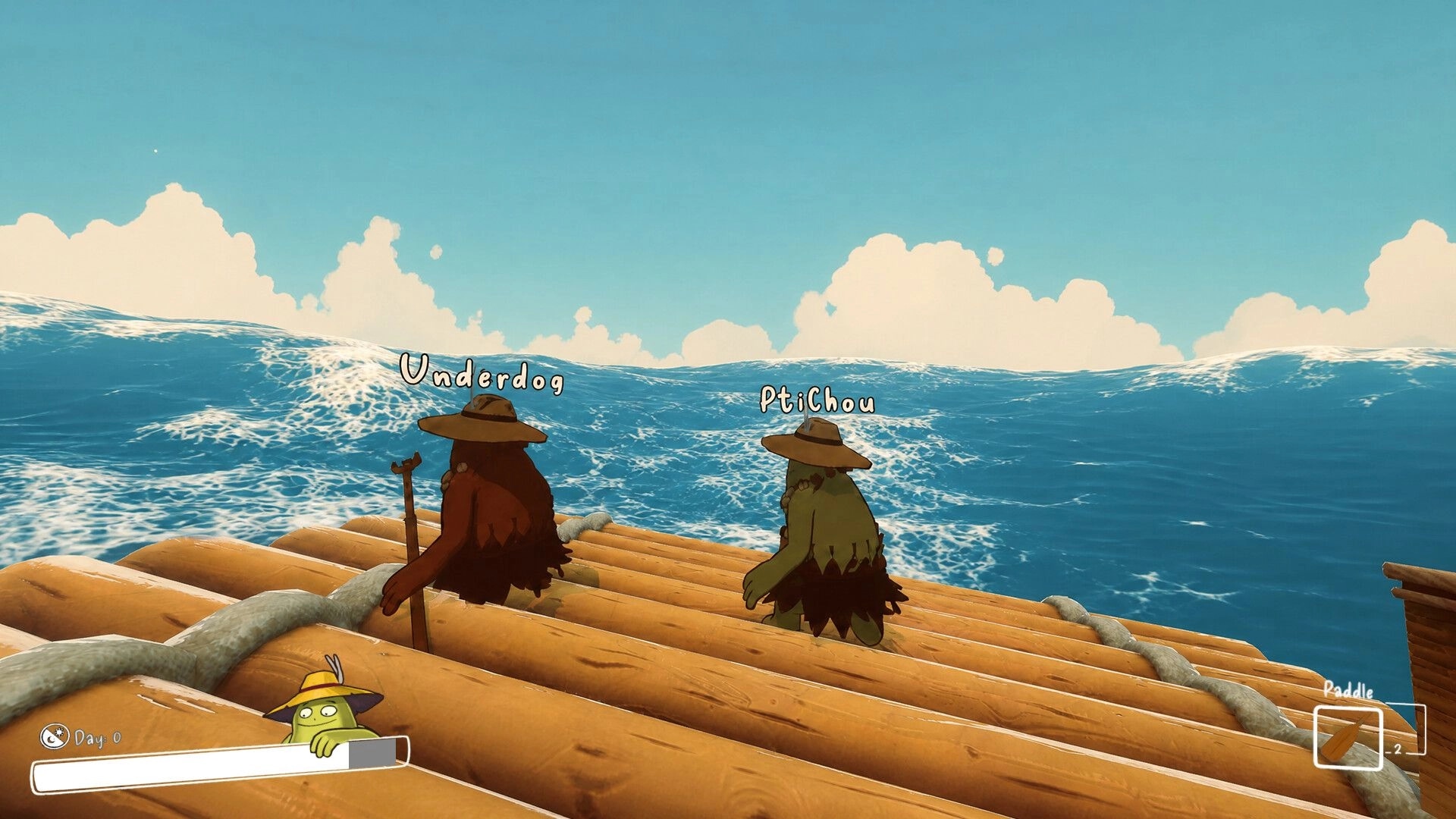 SHORE: Two co-op players on a wooden raft facing waves, with name tags and paddle UI visible.