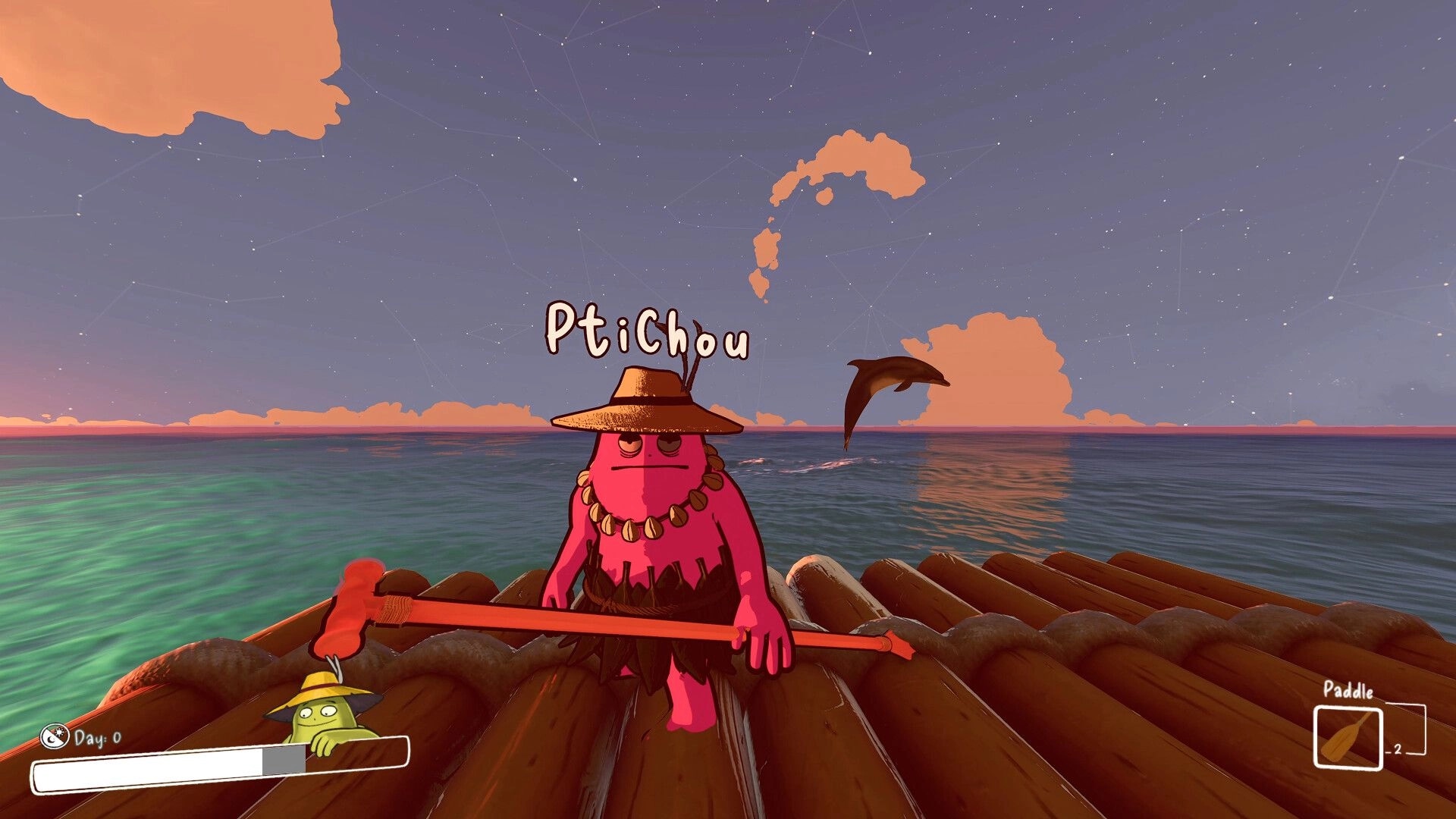 SHORE: Player PtiChou stands on log raft holding paddle at dusk ocean, Day 0 and paddle UI visible.