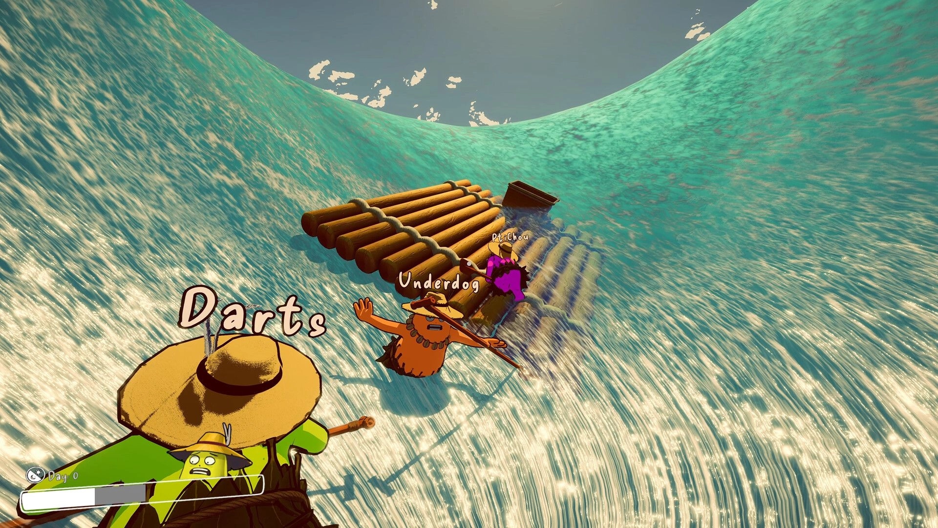 SHORE: Two players cling to a log raft riding a huge wave, with name tags and Day 0 UI visible.
