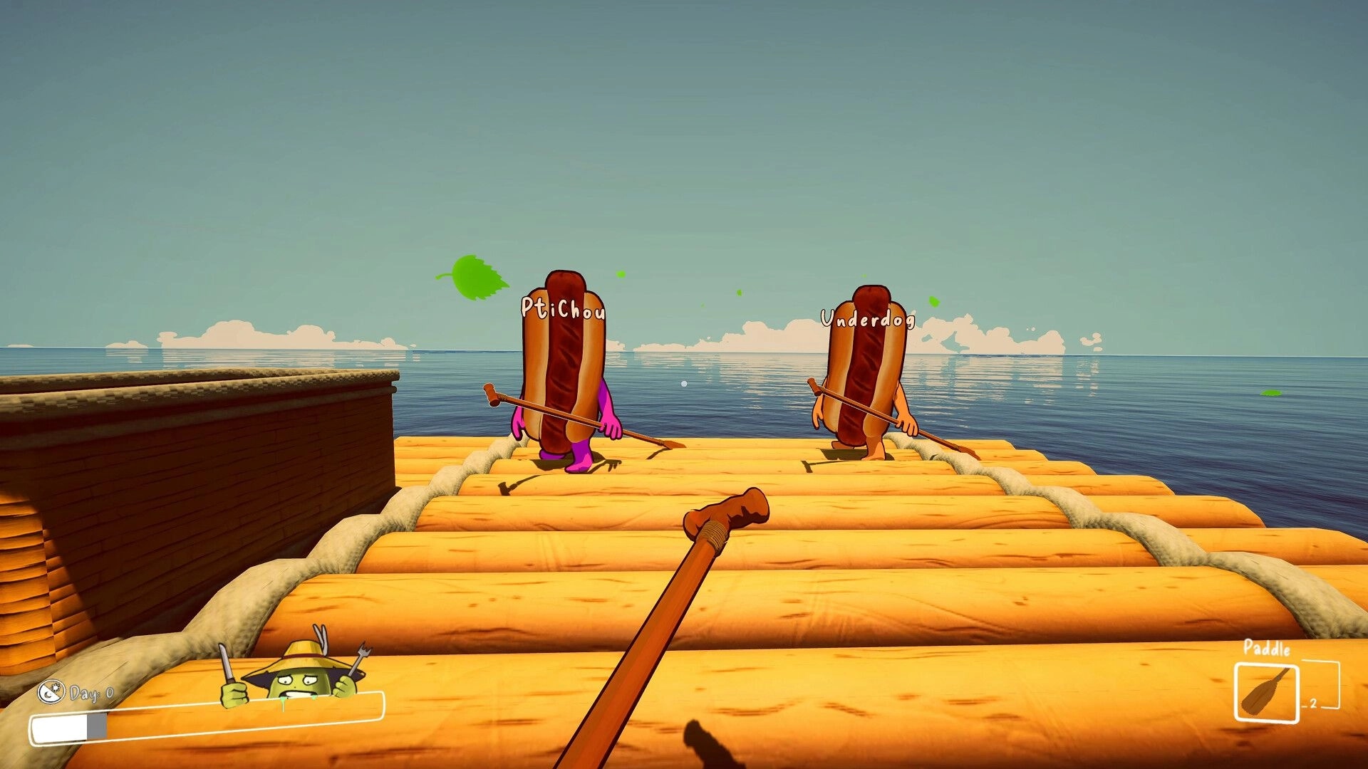 SHORE: Two hotdog avatars named Ptichou and Underdog paddle on a log raft in calm ocean waters.