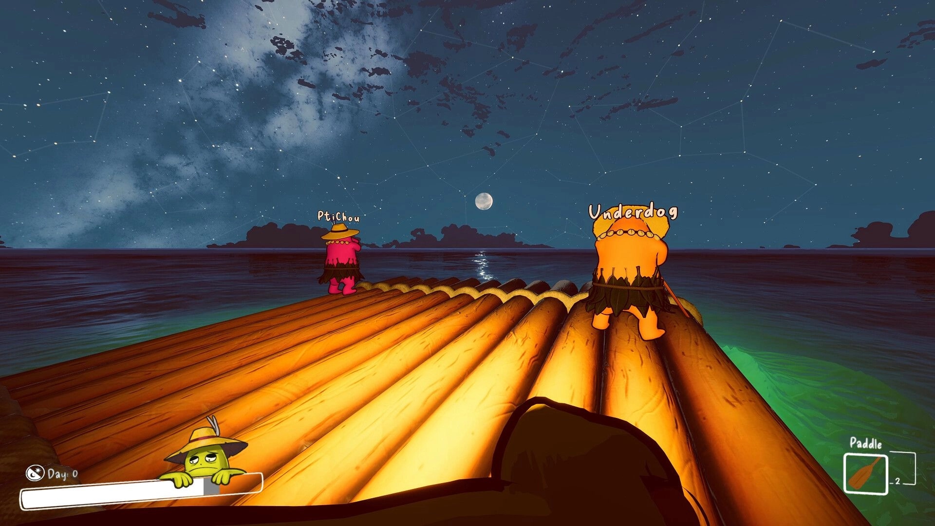 SHORE: Two players on a log raft at night, name tags visible, paddle item UI and Day 0 counter.