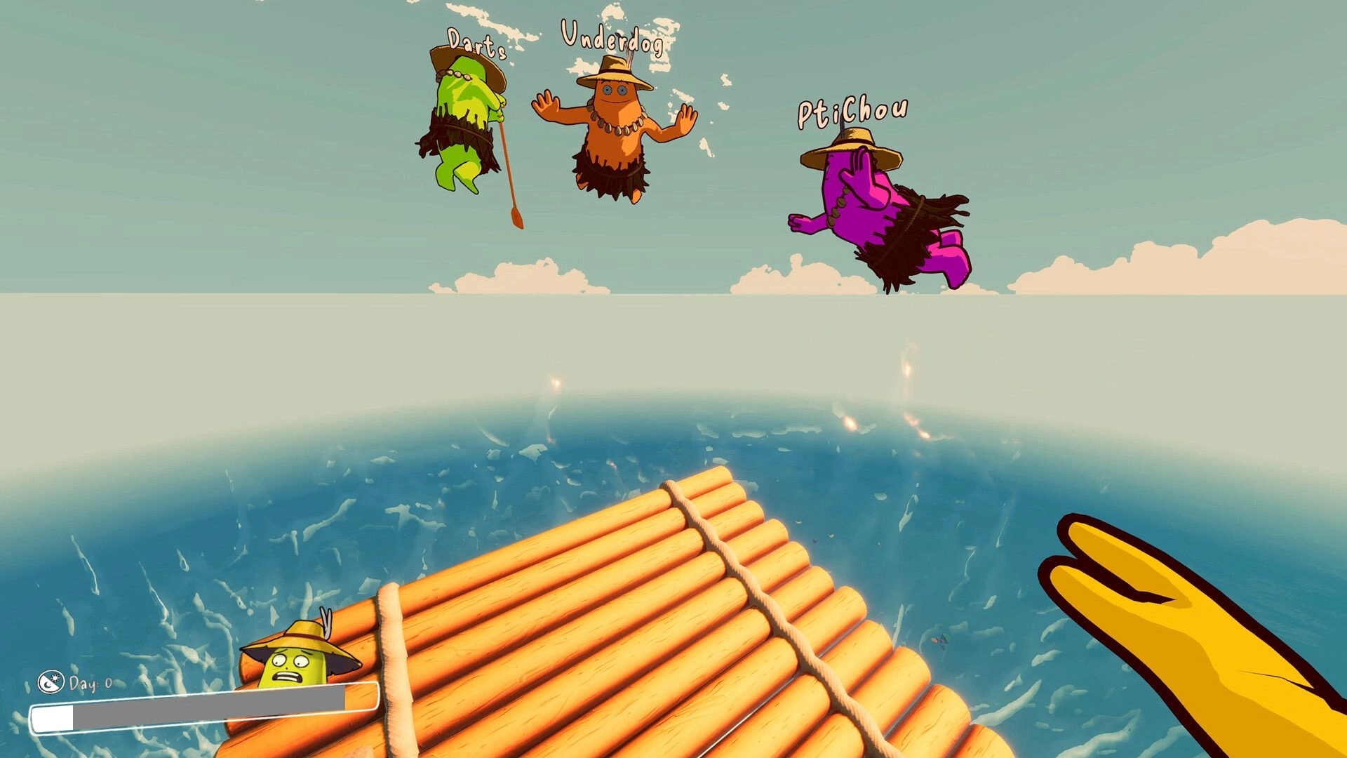 SHORE: Three named cartoon survivors float above a small log raft on open ocean, Day 0 HUD visible.