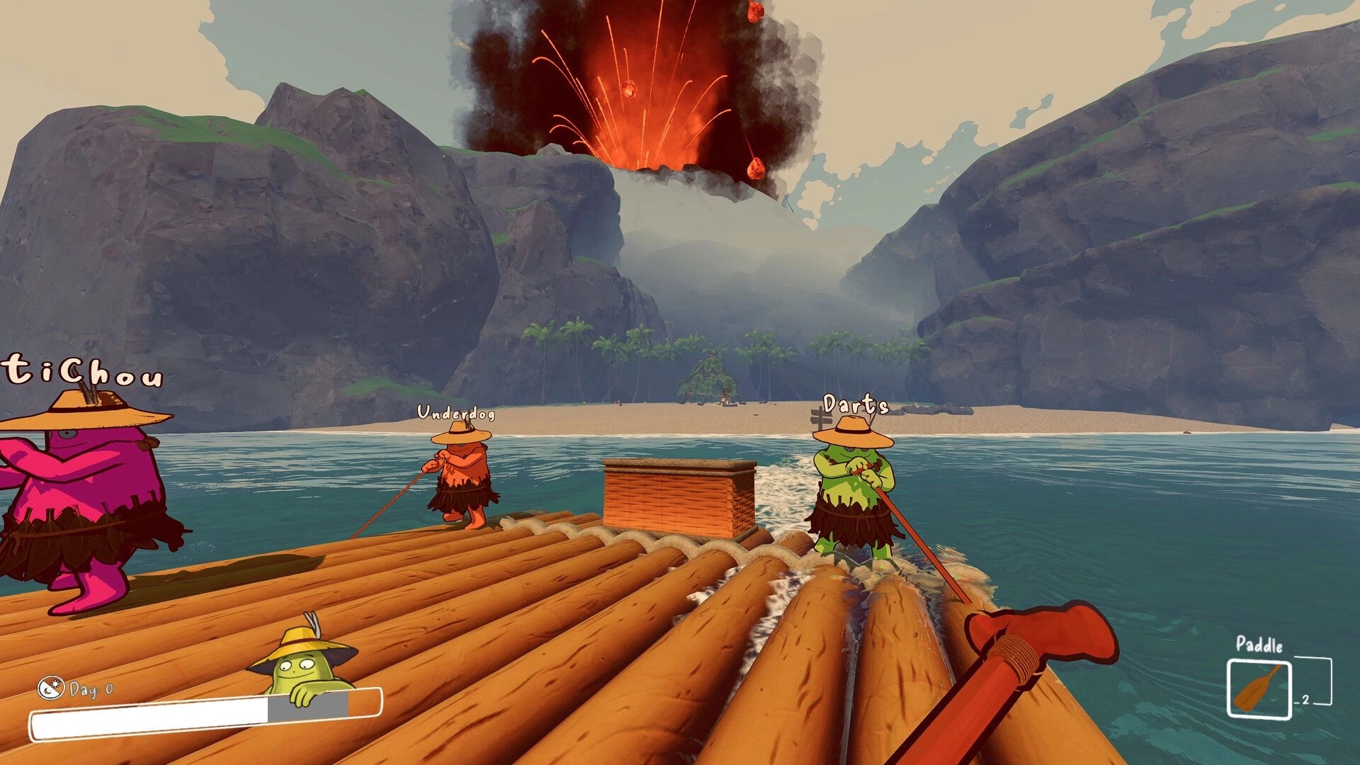 SHORE: Co-op raft ride past a beach as volcano erupts; player holds paddle with Day 0 UI visible.