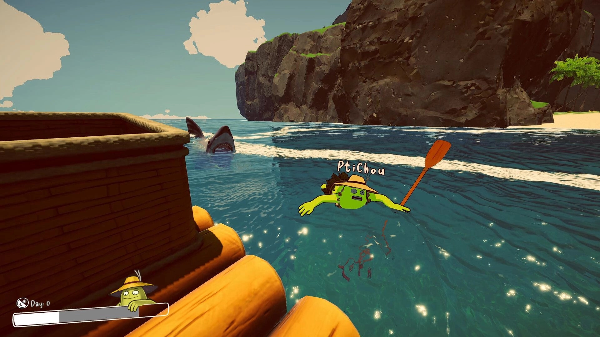 SHORE: Player Ptichou swims beside raft as a shark surfaces near rocky island beach and cliffs.