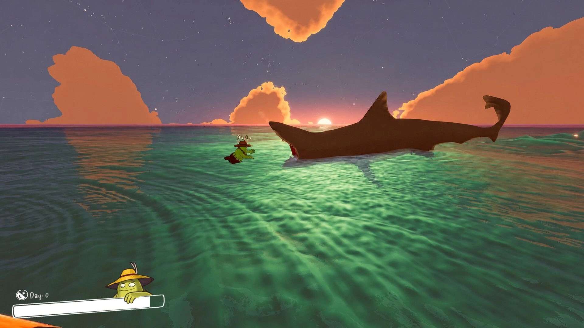 SHORE: Player swims near a huge shark at sunset, Day 0 HUD visible over open ocean waters.