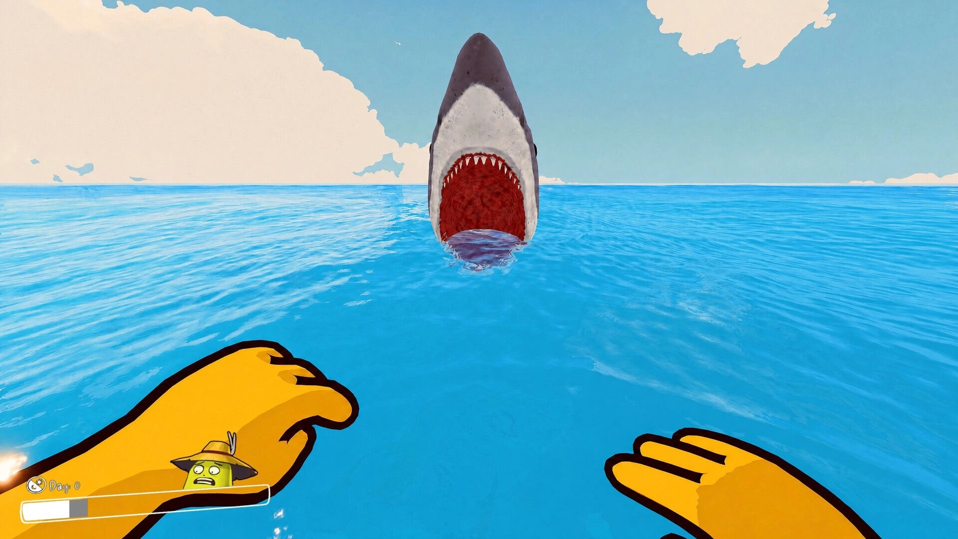 SHORE: First-person view facing a leaping shark with open jaws in bright ocean, Day 0 HUD bar.