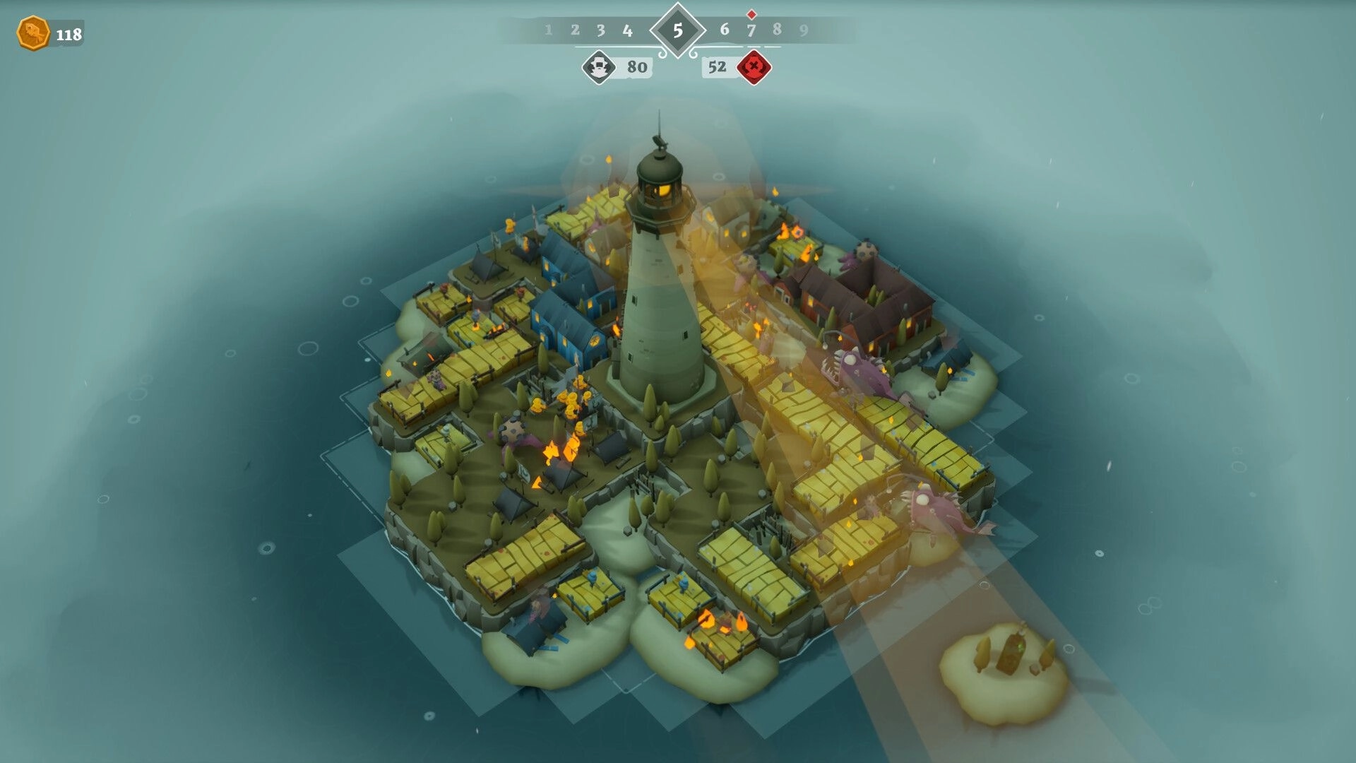 ShoreTiles: Lighthouse island overview with tile paths and burning buildings in foggy sea, wave 5 HUD.
